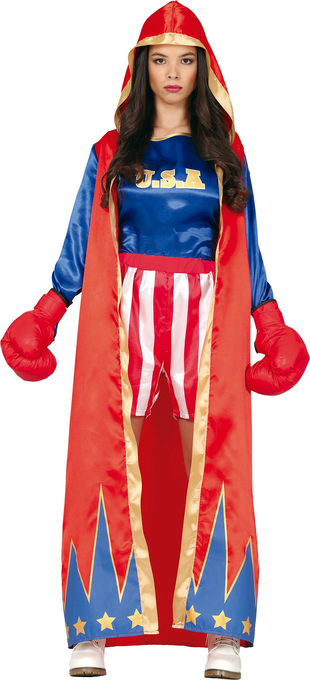 Fiestas Guirca Kostüm, Amerikanisches Boxer Damenoutfit mit Mantel, Oberteil und Hose