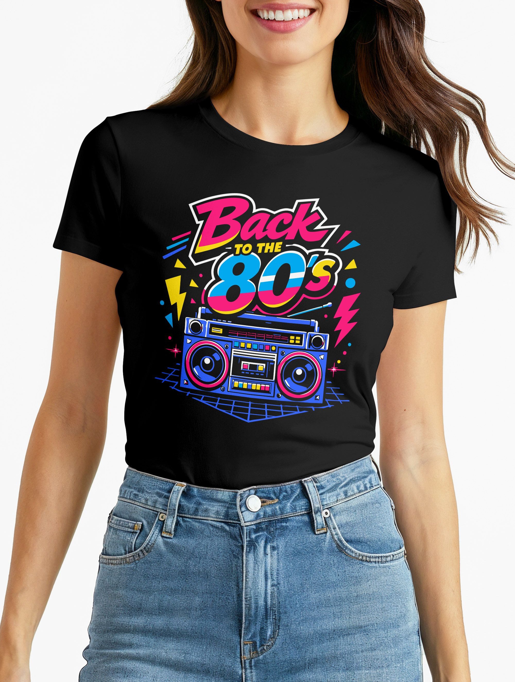 MoonWorks Print-Shirt Damen T-Shirt - Back tu the 80s - Retro Design Faschi günstig online kaufen
