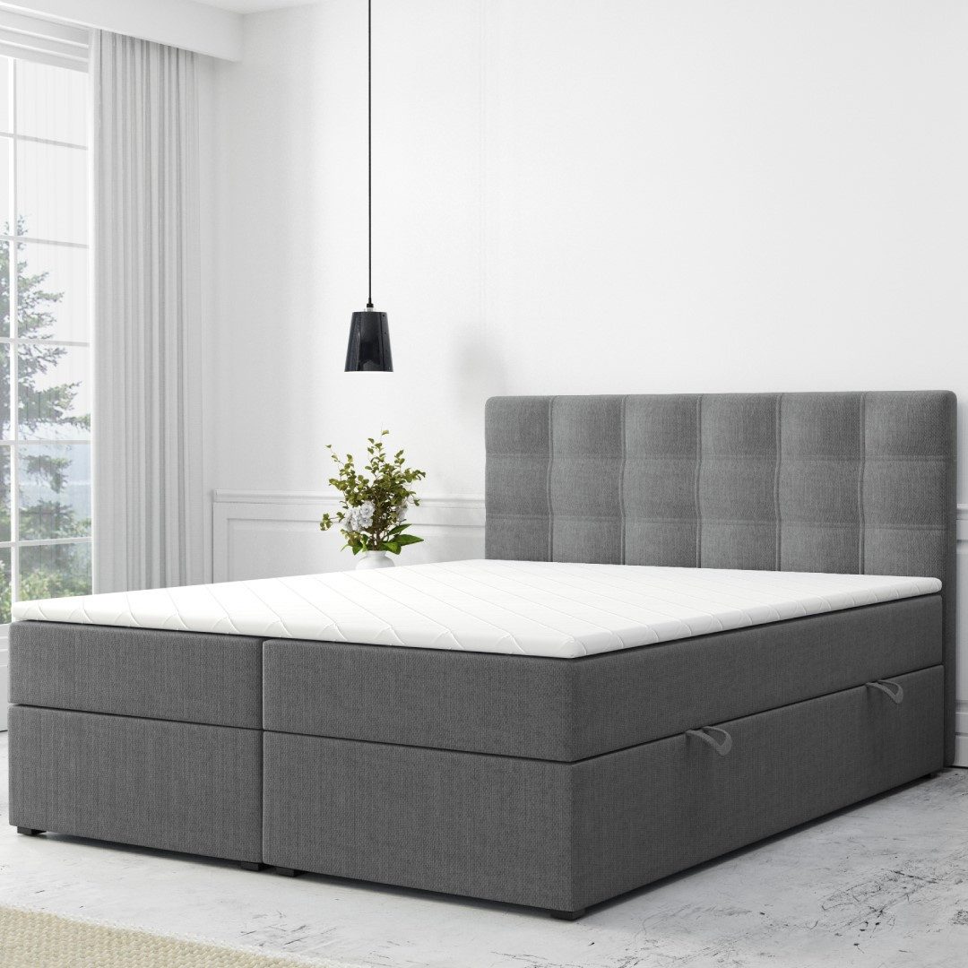 M-Punkt24 Boxspringbett Boxspringbett Prag 180x200cm Grau Schwarz Bettkasten H3 (Grau, 180 x 200 cm), inkl. Bettkasten und Topper