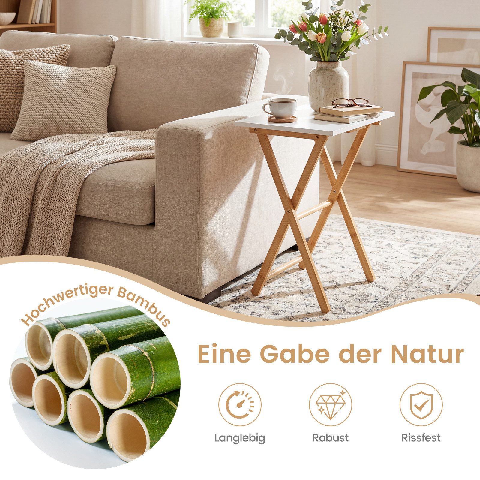 COSTWAY Beistelltisch (2-St), Klapptisch aus Bambus für balkon, Tabletttisch