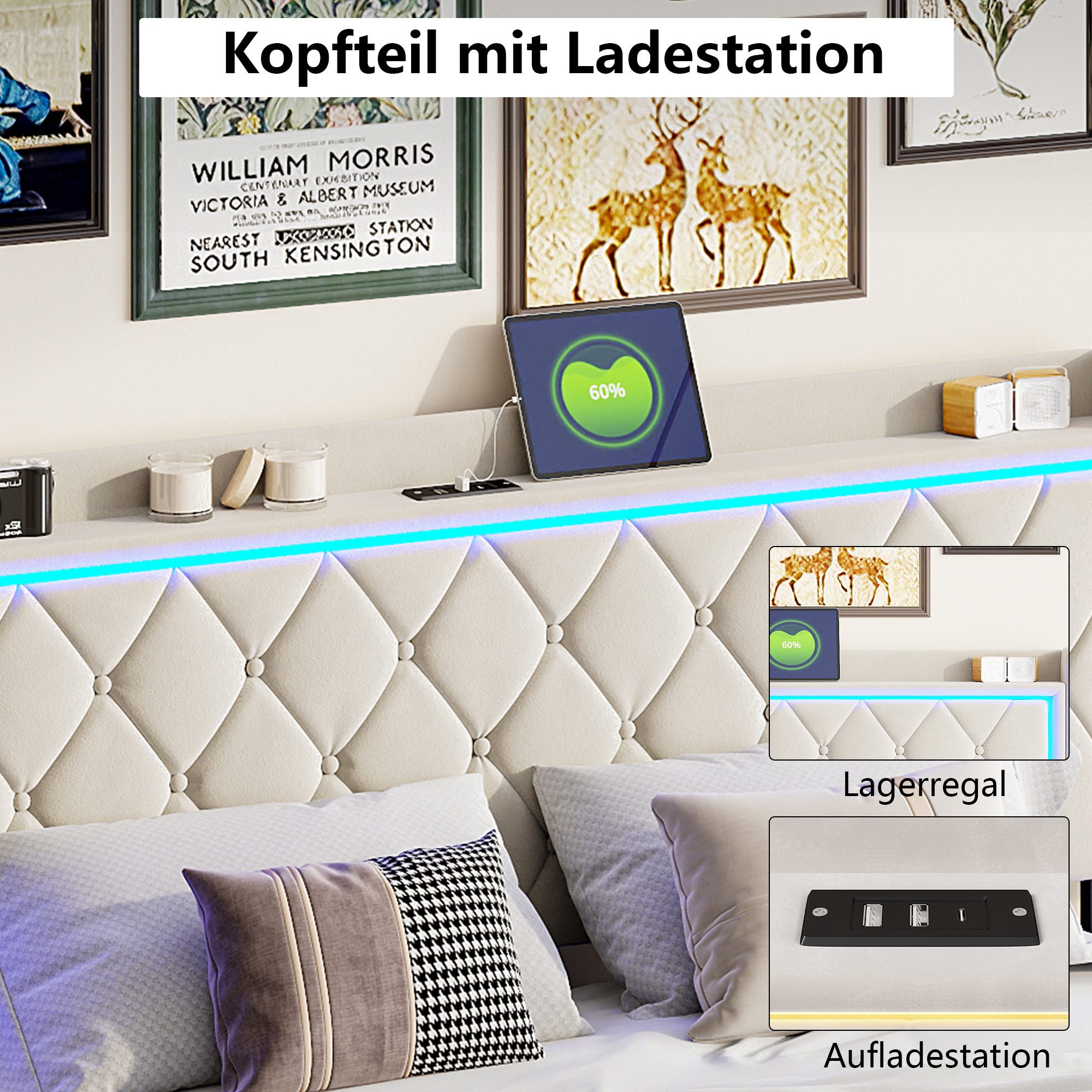 ADWOLT Polsterbett LED Hydraulisch Doppelbett Jugendbett (Set, 1-tlg., 140x200cm Stauraumbett), Mit LED-Beleuchtung und Ladefunktion,Samt,Beige