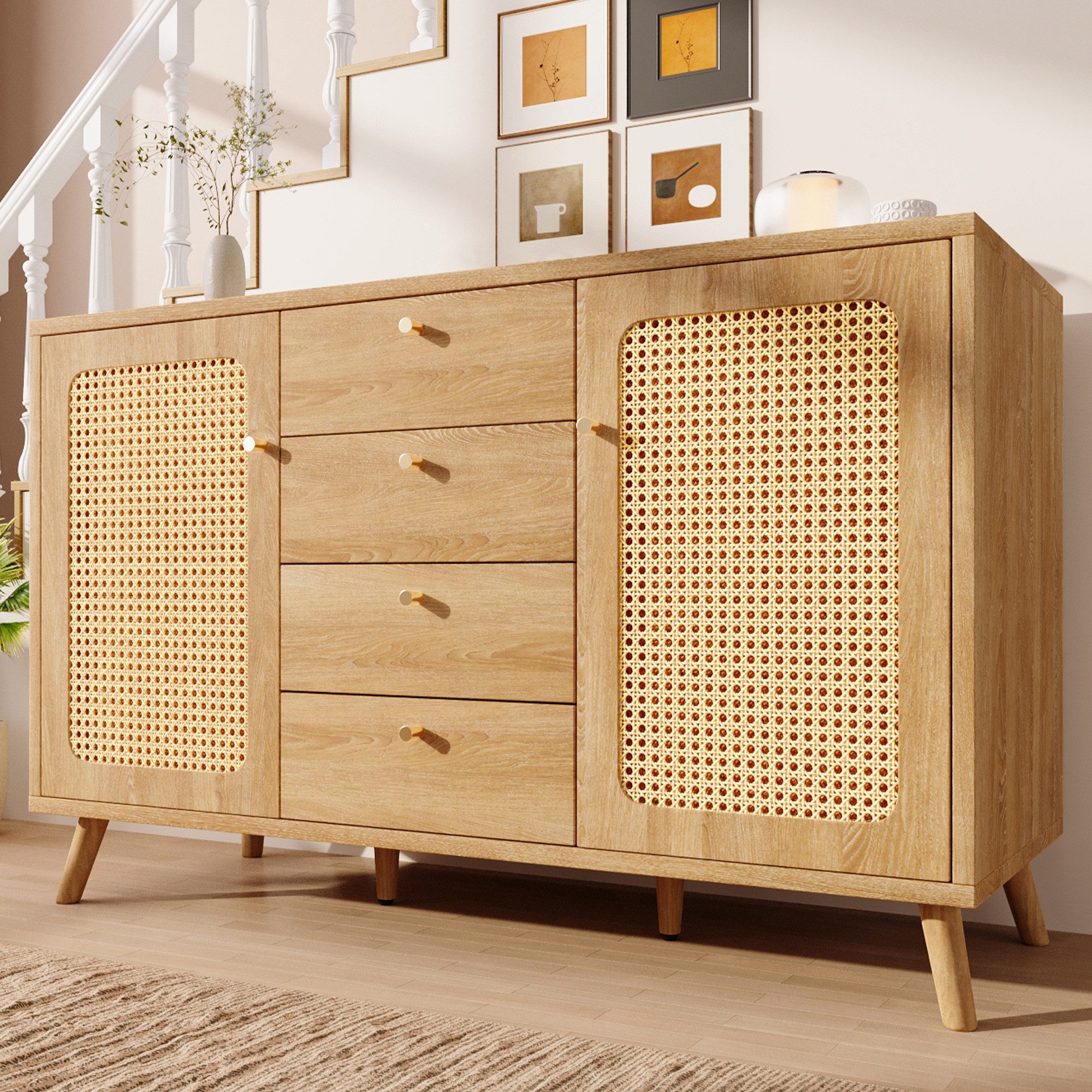 Odikalo Sideboard Kommode mit Schubladen und Rattan Optik (mit 4 Schubladen und 2 Türen Stauraumschrank in Rattan Optik mit verstellbaren Einlegeböden für Wohnzimmer Esszimmer Flur helle Eiche, B140/T40/H86 cm)