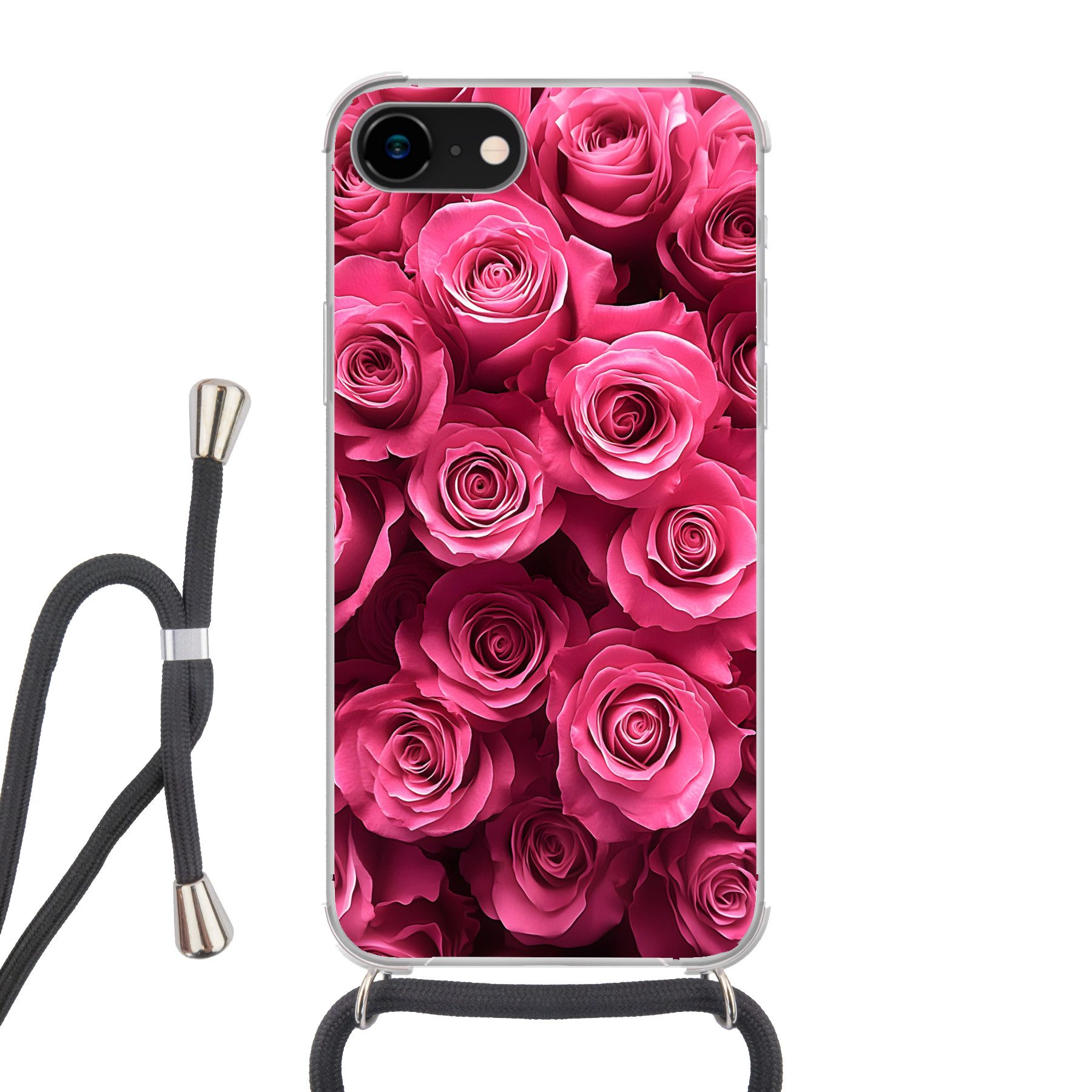 MuchoWow Handyhülle für Apple iPhone 8 Rosen - Rosa - Blume, Tragbare Handyhüllen mit Kette zum umhängen, Handykette Handyband