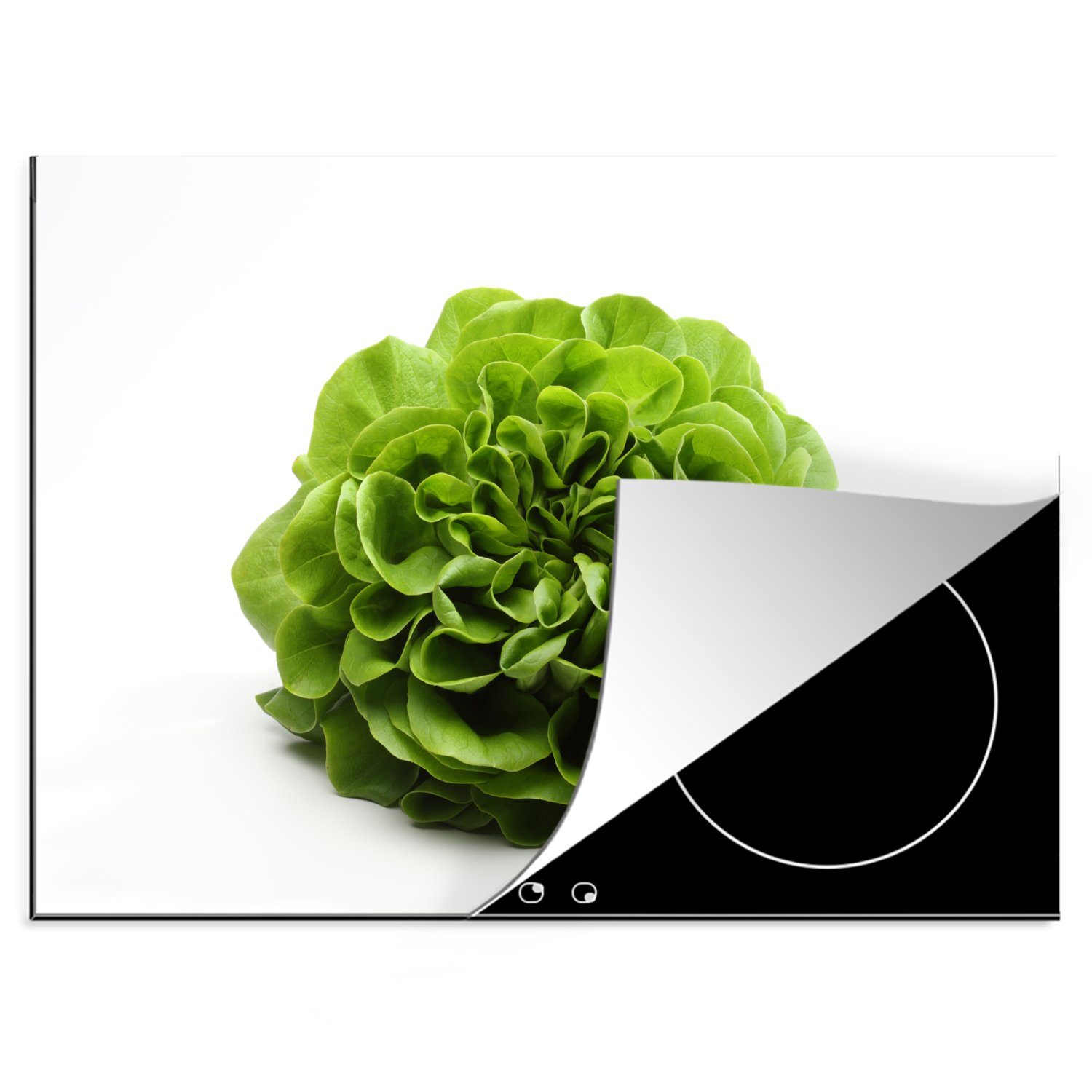 MuchoWow Herdblende-/Abdeckplatte Frischer grüner Salatkopf auf weißem Hintergrund, Vinyl, (1 tlg), 70x52 cm, Mobile Arbeitsfläche nutzbar, Ceranfeldabdeckung