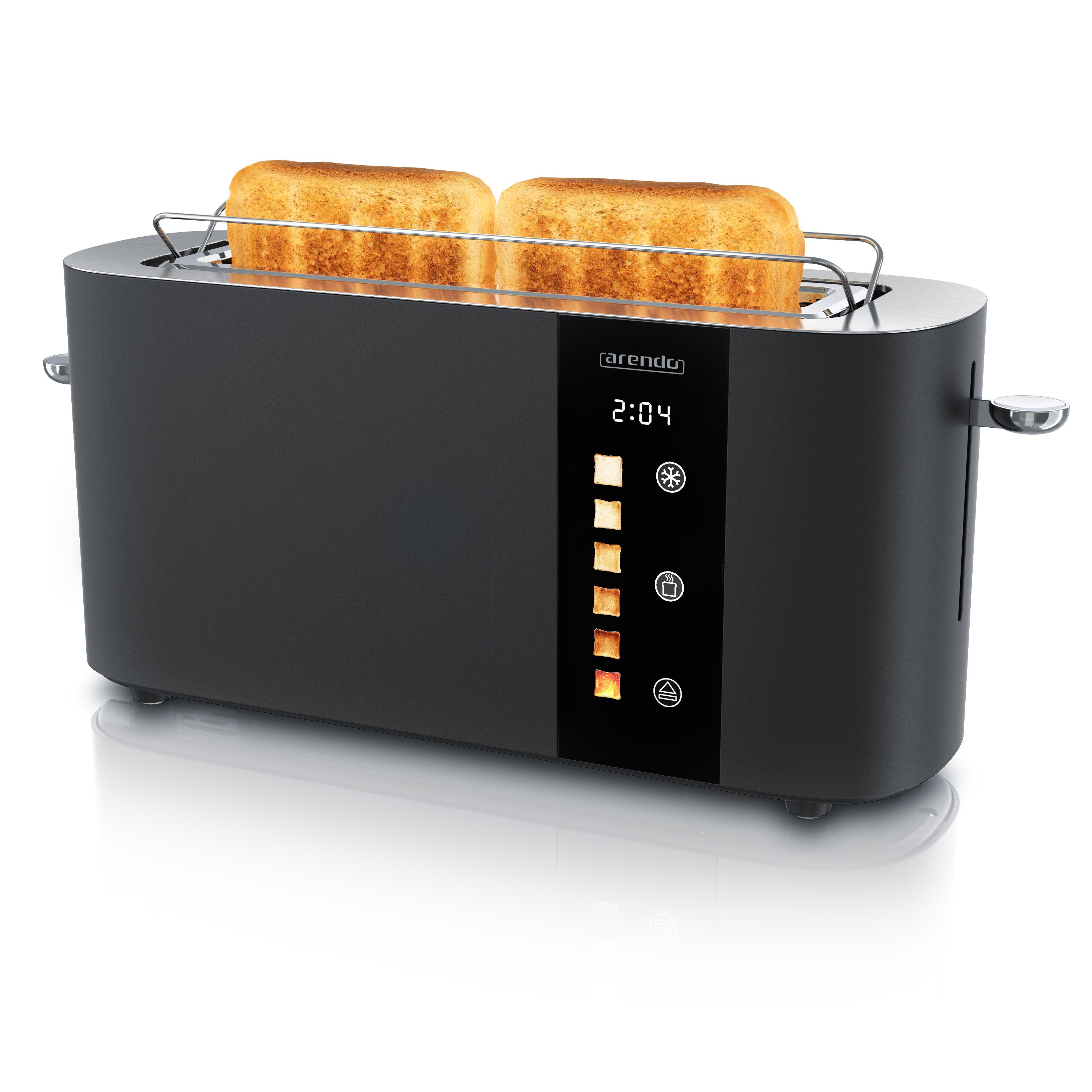 Arendo Toaster 2-Scheiben Edelstahl Langschlitz, Touch, Restzeit Bräunungsgradanzeige, 1 langer Schlitz, für 2 Scheiben, 1000 W, Brötchenaufsatz, Wärmeisoliert, Toast-Symbole für Bräunungsgradauswahl