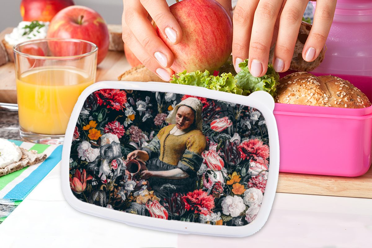 MuchoWow Lunchbox - für Mädchen, Kunststoff Kunststoff, Vermeer Johannes Brotbox Milchmädchen Kinder, Erwachsene, rosa Snackbox, Blumen, - Brotdose (2-tlg)