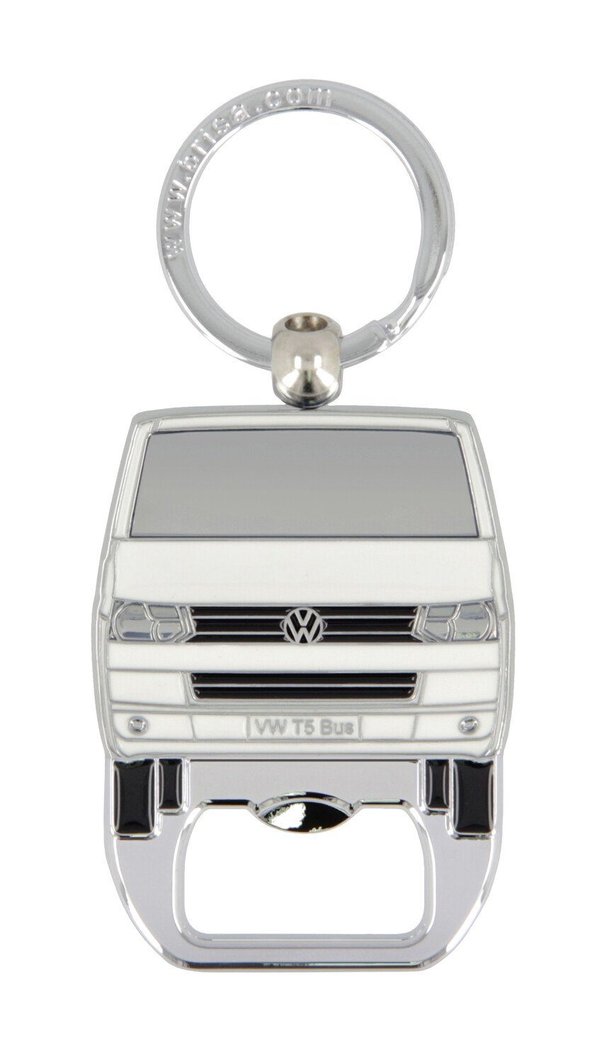 VW Collection by BRISA Schlüsselanhänger Volkswagen Schlüsselring mit Flaschenöffner im T5 Bulli Bus Design, Emailliert Weiß