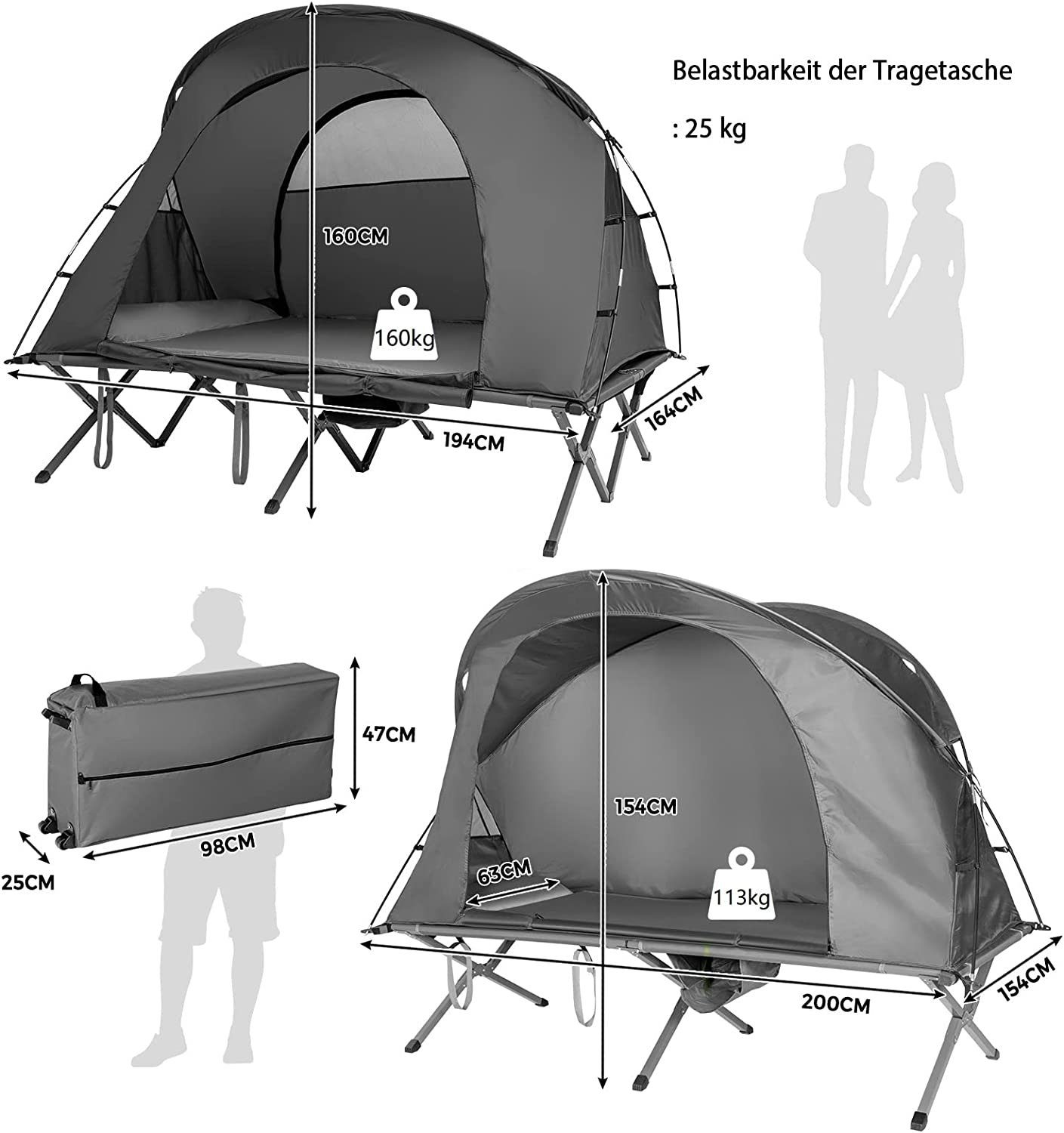 cm Personen: mit in Feldbett, KOMFOTTEU Campingzelt Kuppelzelt 4 2, 194×146×160 grau 1