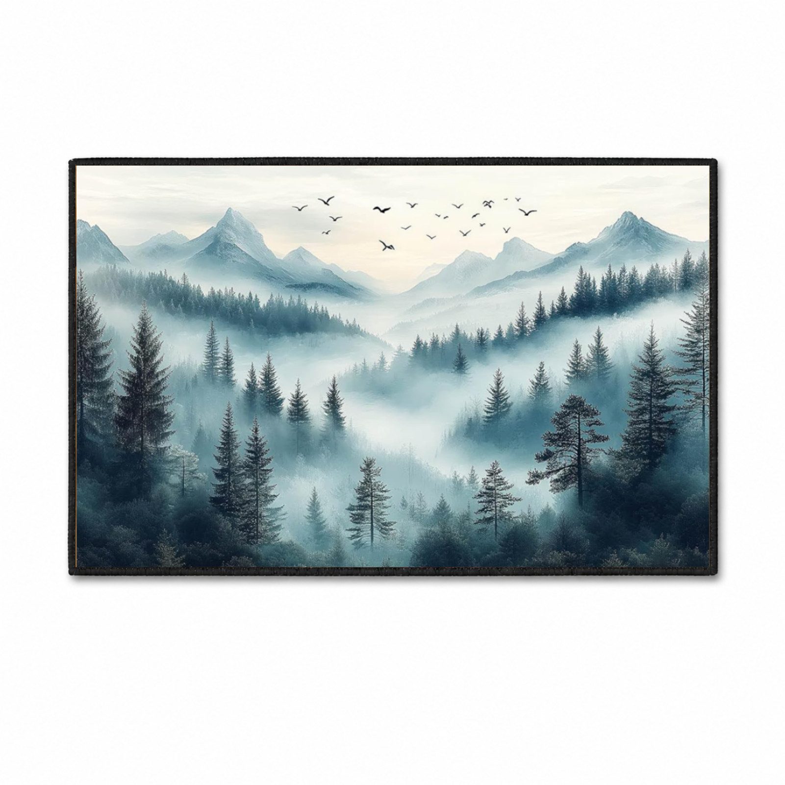 Jumpeak Teppich Bergwald Teppich mit Nebel und Vögeln, Natur‑Design, Rechteckig, Höhe: 5 mm, rutschfest, weich für Wohn‑ und Arbeitszimmer