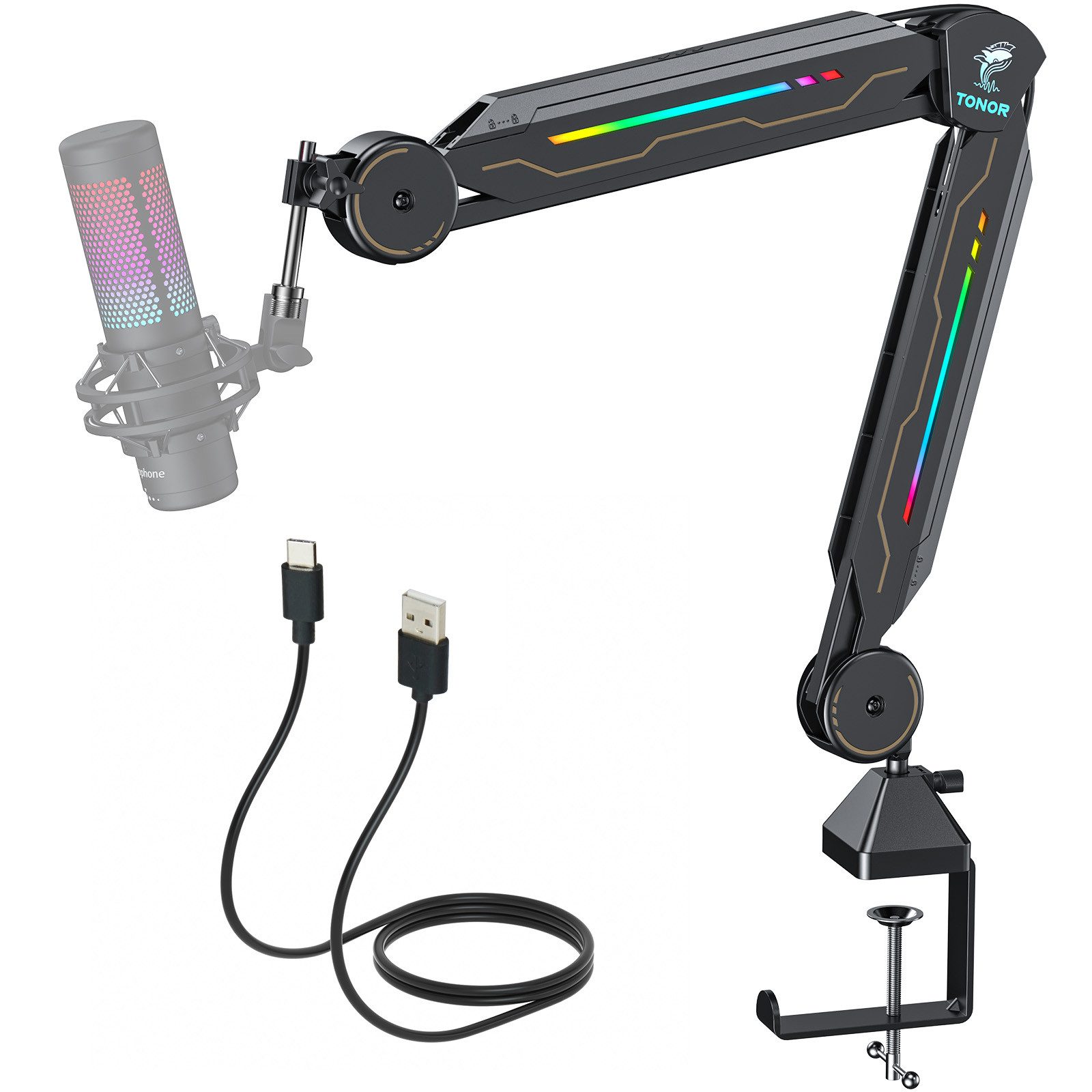 TONOR Mikrofon-Halterung Gaming Mikrofon Arm mit RGB Licht, Leuchten Touch verstellbar