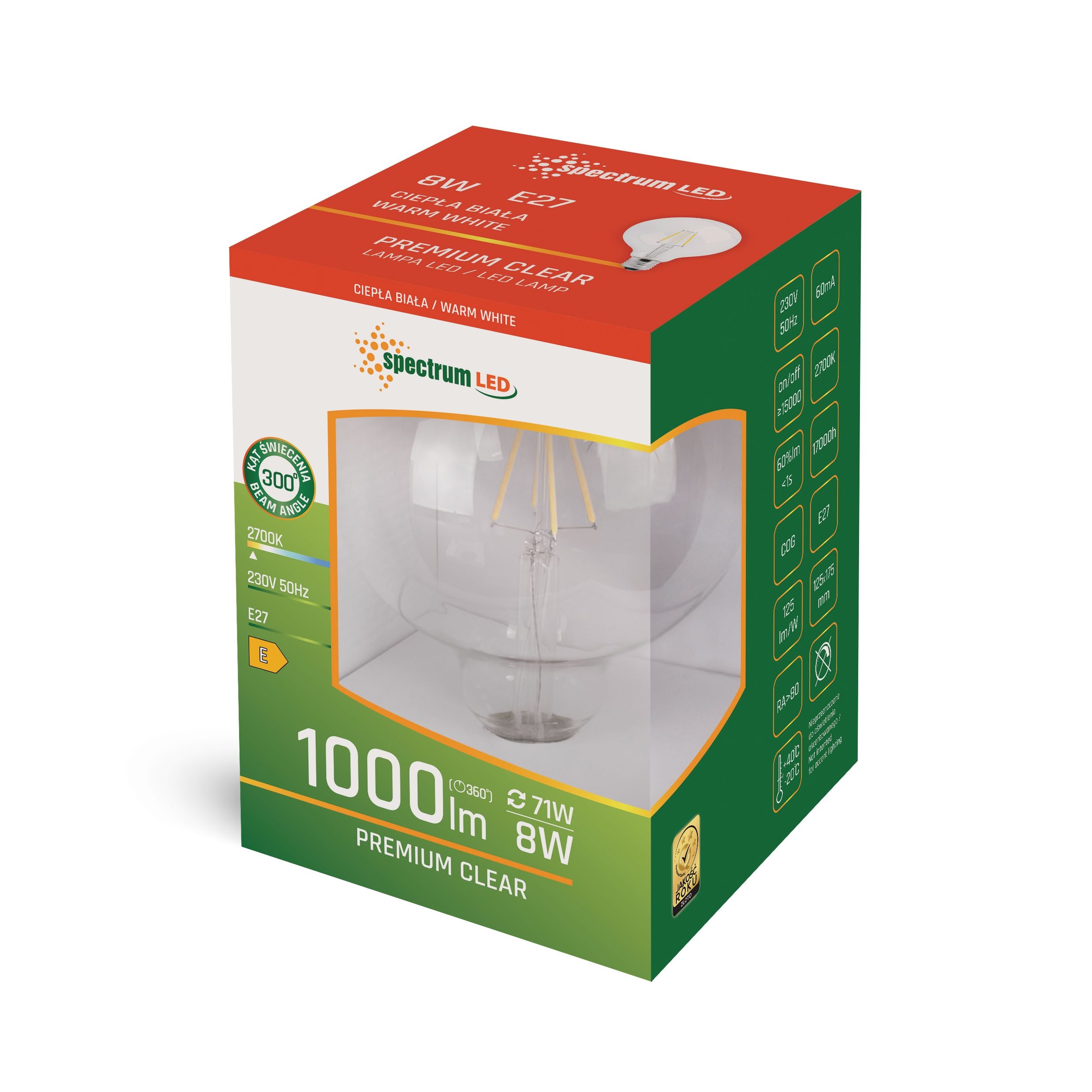 Spectrum LED-Leuchtmittel LED E27 G125 Filament klar 8W = 71W 230V Globe 1000lm 300° Warm 2700K, E27, Warmweiß, Filament klar, Globe