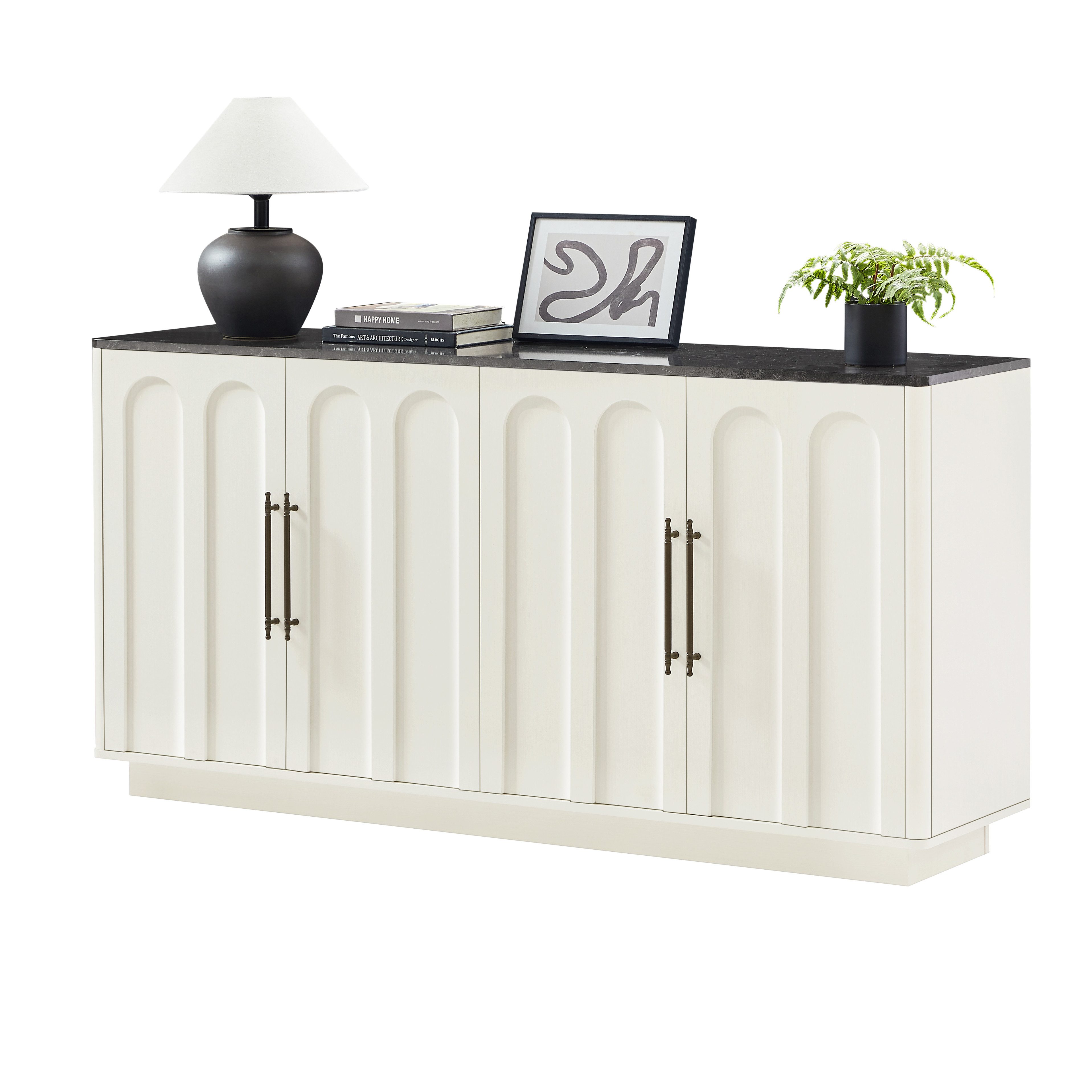 ibettertec Sideboard Bogenfront Sideboard mit 4 Türen, Soft-Close Scharnieren&Kippsicherung, 160cm Breiter Aufbewahrungsschrank für Wohnzimmer & Esszimmer