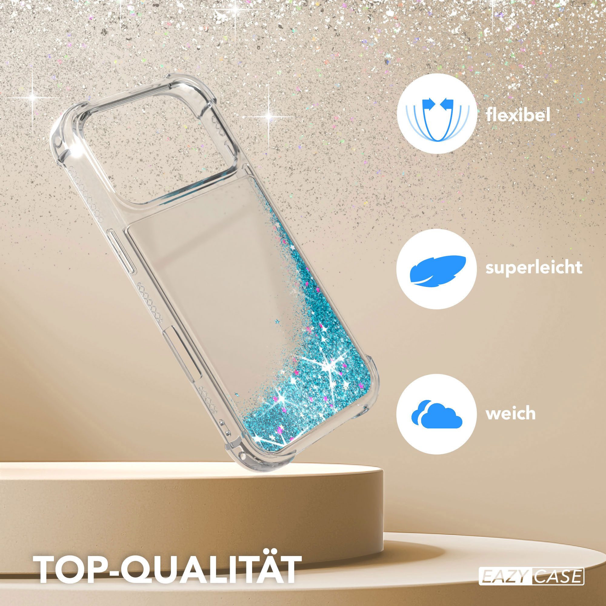 EAZY CASE Handyhülle Liquid Glittery Case für Apple iPhone 17 Pro 6,3 Zoll, Gloss Slimcover Girly Backcover Bling Phone Case kratzfeste Cover Blau