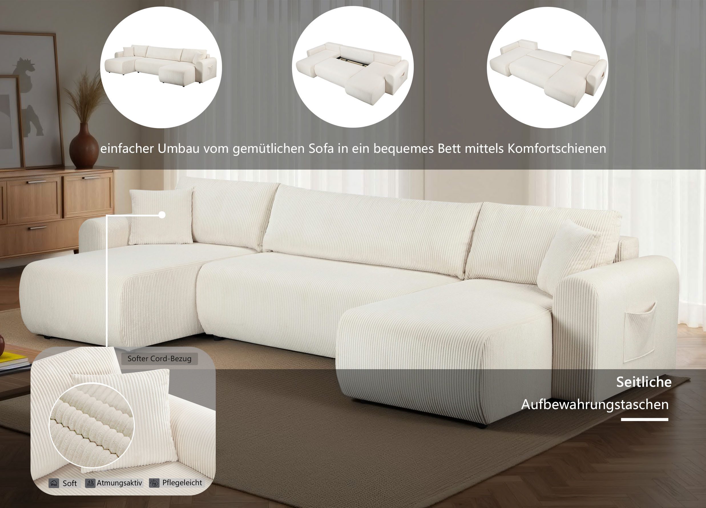 OTTO home Wohnlandschaft JONAA Cord, U-Form, 311 cm. -OTTO. Verlässliche Qualität, Tonnentaschen-Federkern, Bettkasten, Schlafsofa (133/270)