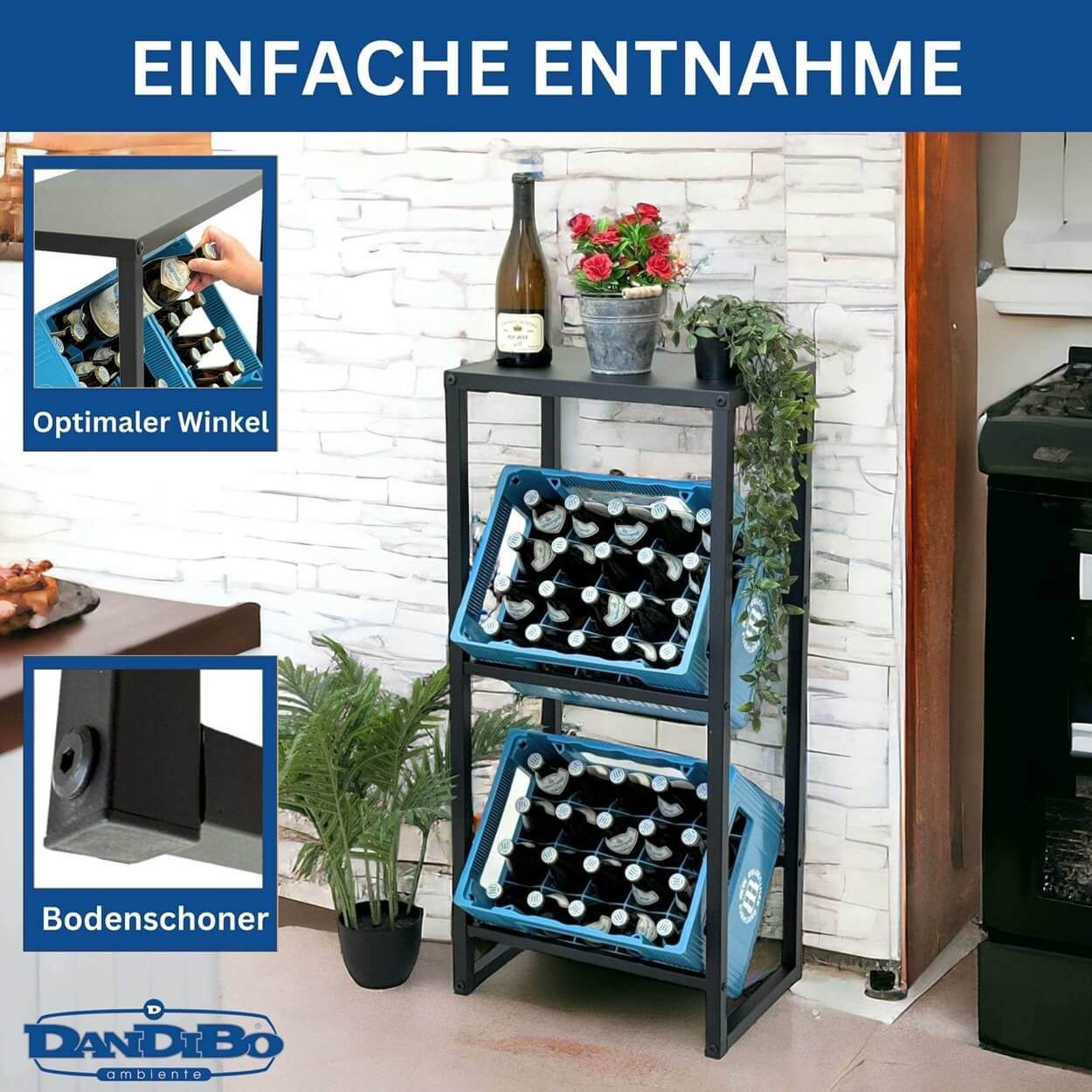 DanDiBo Flaschenregal Getränkekistenregal 2 Kisten mit Ablage Metall Getränkekistenhalter