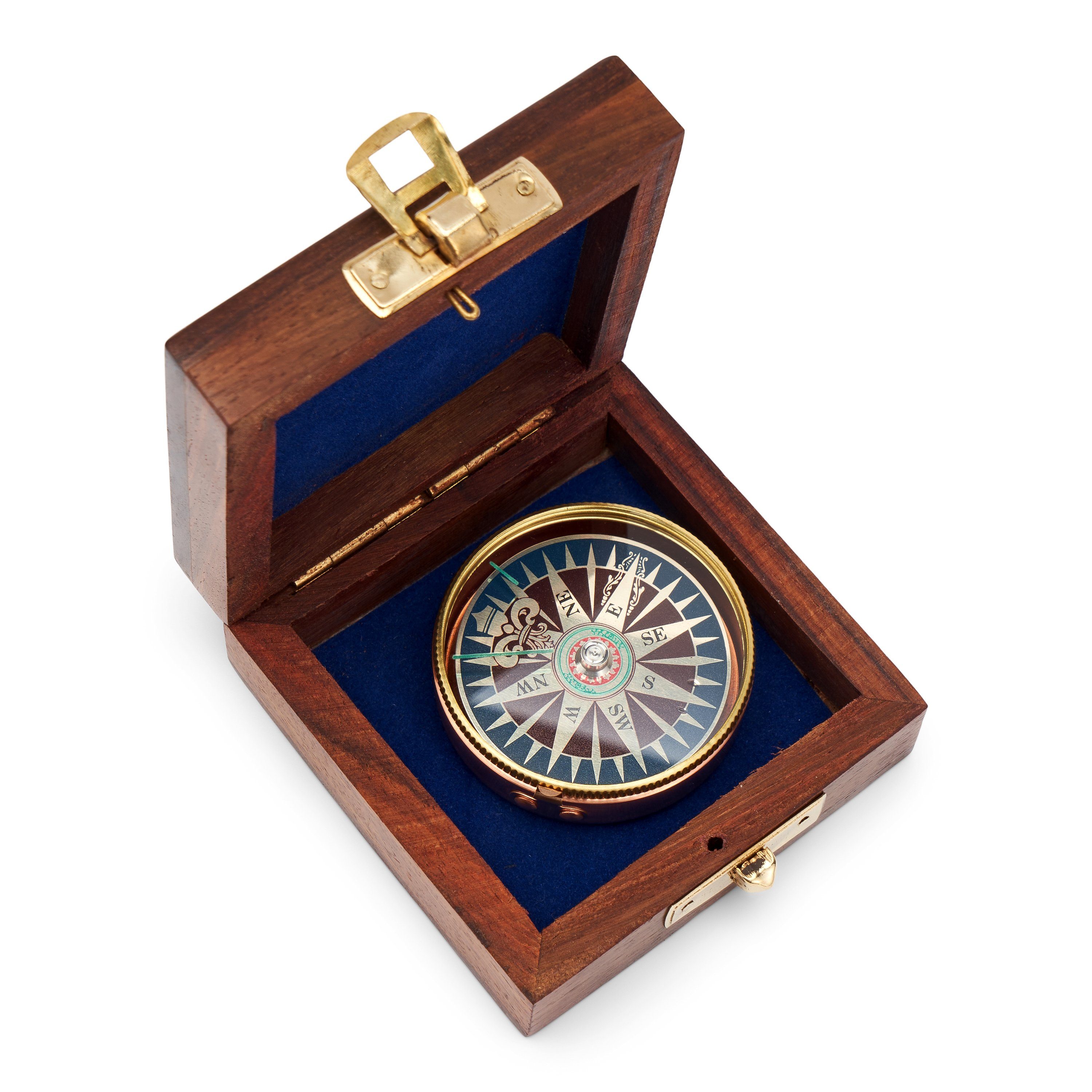 5 cm Kompass Windroseblatt Messing - Kupfer in der Holzbox 8 x 8 x 3,5 maritimes Navigationsgerät