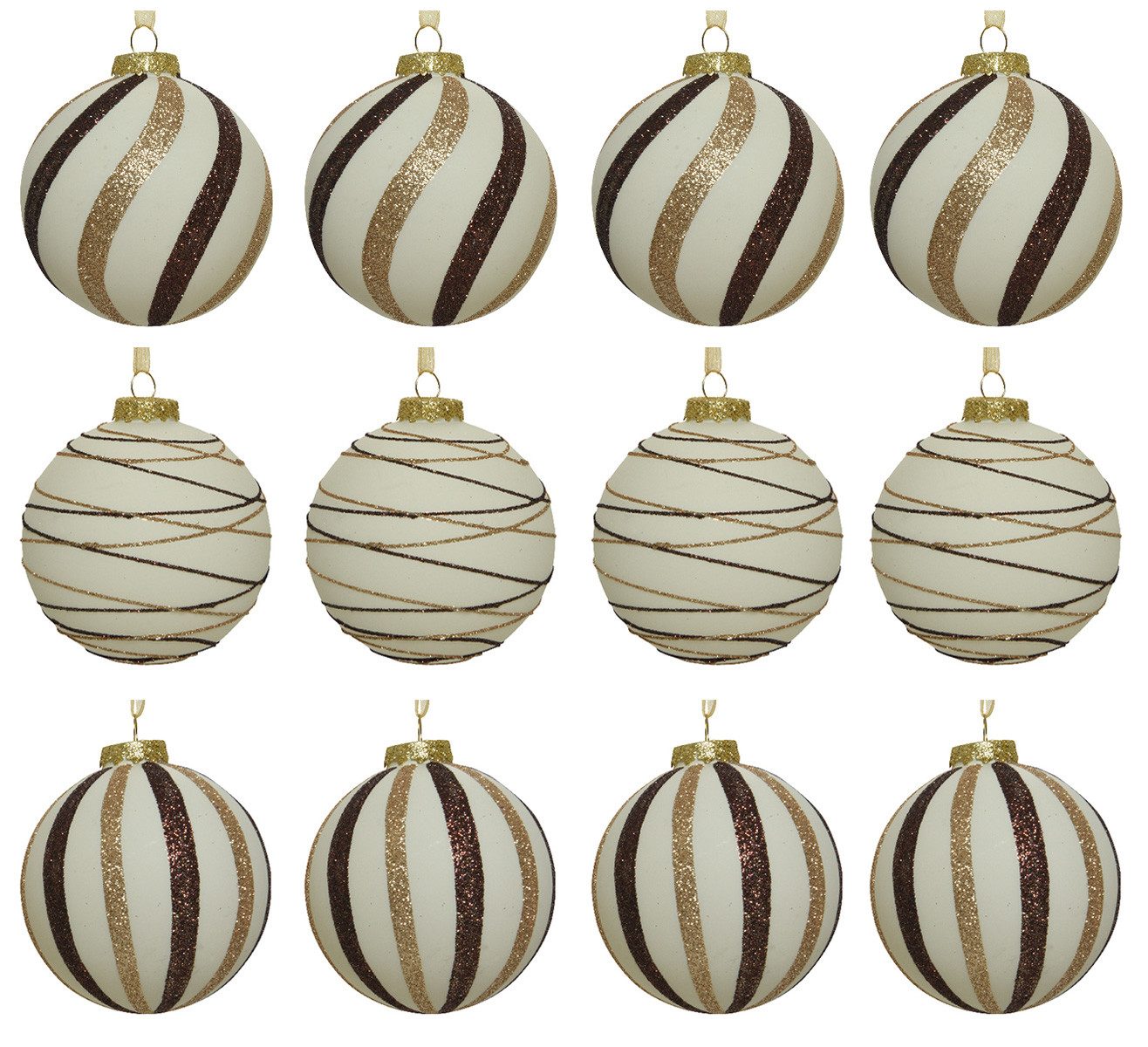 Kaemingk Weihnachtsbaumkugel, Weihnachtskugeln Glas 8cm Streifen Muster 12er Set Wollweiß / Braun