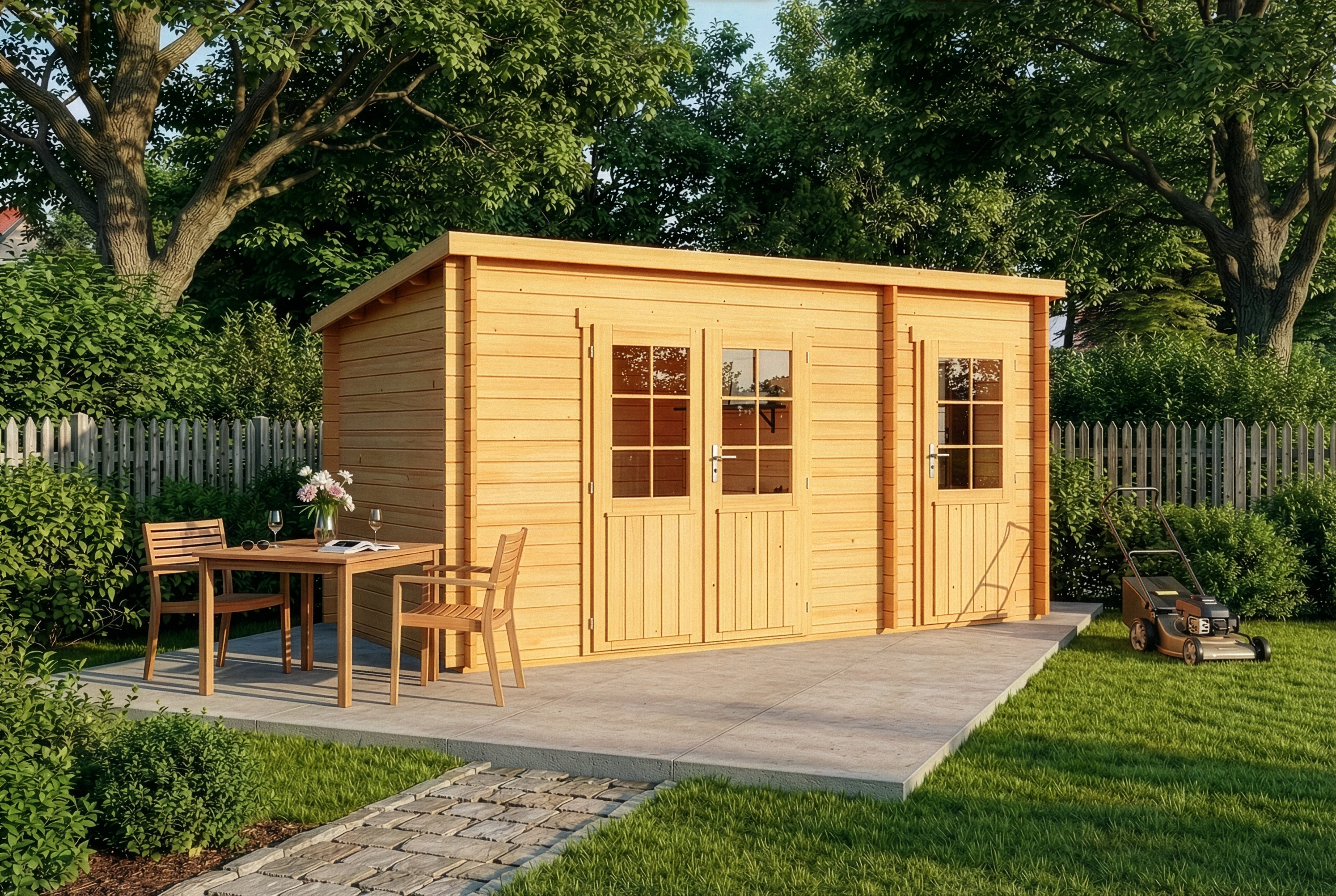 Alpholz Gartenhaus Holz Maria mit Anbau, BxT: 450x272 cm, in Imprägniert (Pinie) mit 28mm Wandstärke