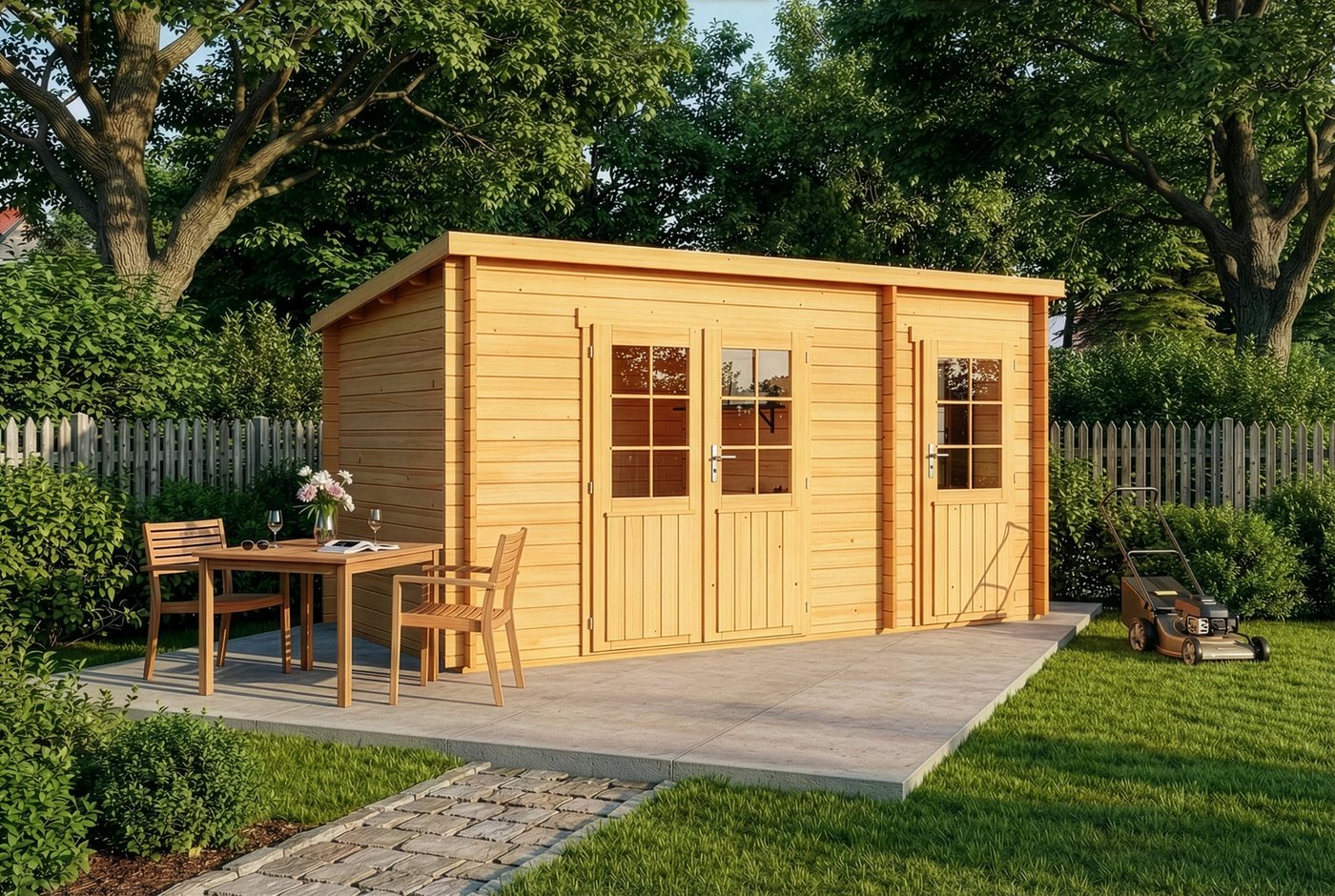 Alpholz Gartenhaus Holz Maria mit Anbau Imprägniert 28mm Wandstärke, BxT: 450x272 cm, in Imprägniert (Pinie) mit 28mm Wandstärke
