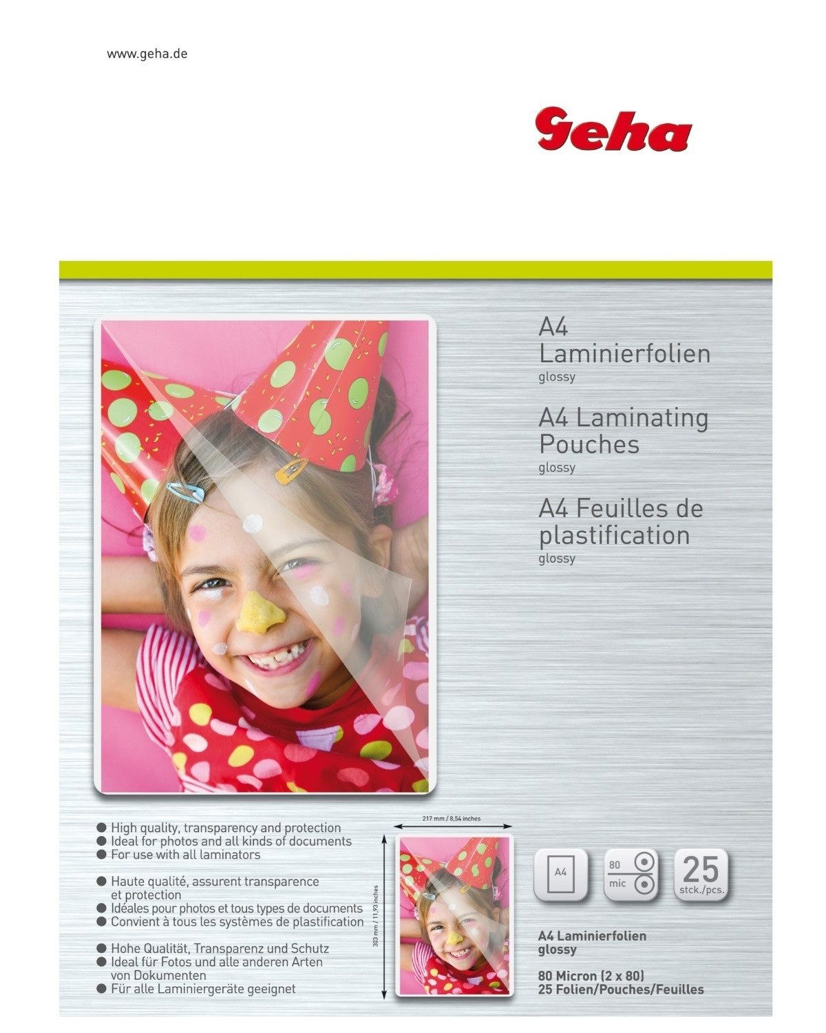 Geha Laminiergerät 25x Geha Laminierfolie Format DIN A4 Glänzend, Stärke 2x 80 micron Laminierfolien Laminiertaschen