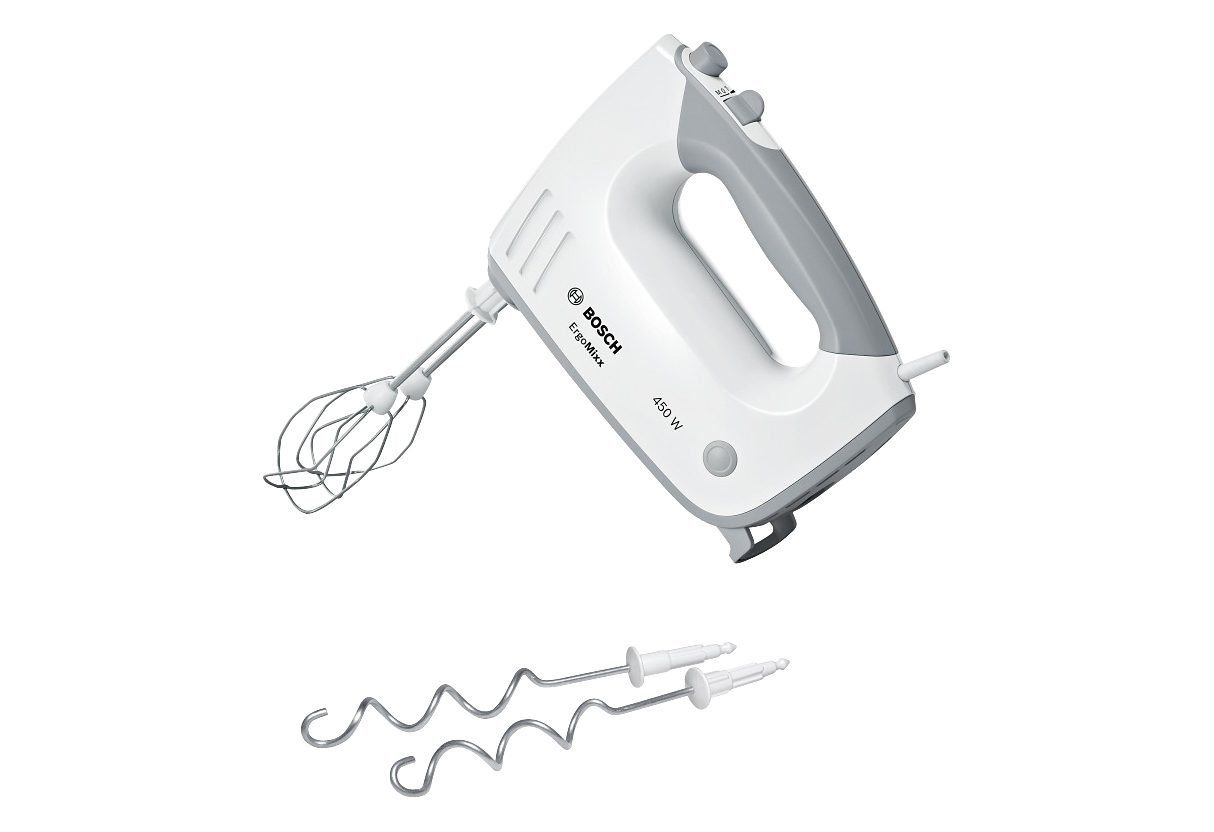 Handmixer 450 Stufen Turbostufe, 5 ErgoMixx Edelstahl-Knethaken, BOSCH W, 2 Turbobesen, 2 MFQ36400, plus weiß