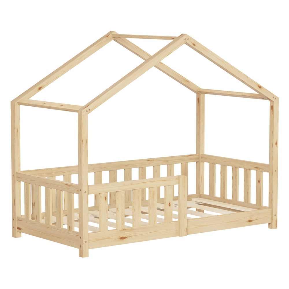 ML-DESIGN Spielbett Hausbett Kinderbett inkl. Lattenrost & Rausfallschutz Kinder Bodenbett, Abenteuerbett 70x140cm Haus Bett Himmelbett Kiefer Jugendbett Natur