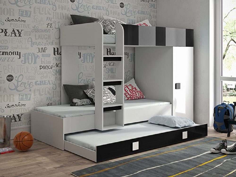 Feldmann-Wohnen Hochbett TOLEDO 2 (Etagenbett mit Kleiderschrank) Farbe wählbar weiß / schwarz Hochglanz - Griffe weiß / schwarz