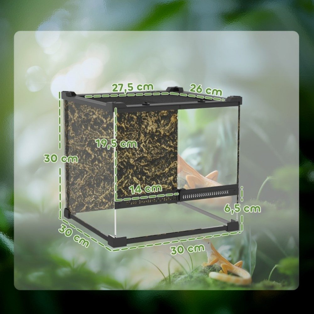 LVHOM Terrarium Glas mit abnehmbarer Steinrückwand, wasserdichtem Boden, 30x30x30 cm, bodenheizungskompatibel, optimale Belüftung, Drehknopfverschlüsse