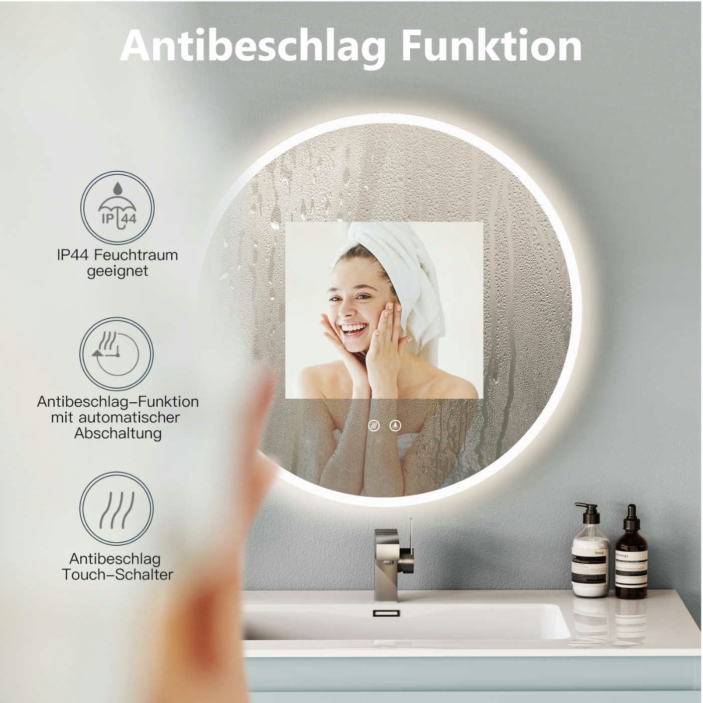 HOKO Badspiegel rund mit Beleuchtung, Anti-Beschlag und Memory-Funktion (LED-Wandspiegel mit Farbwechsel von 2700 bis 6500k, steuerbar über Touch-Schalter oder  – Bild 5 von 5