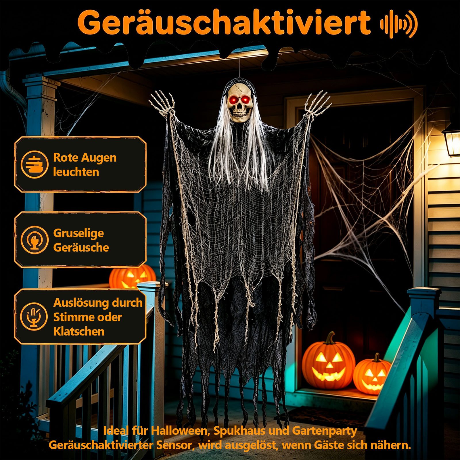 OZAVO Dekofigur Halloween Skelett Geist Hängender Geist Deko 180 cm mit Geräuschsensor (mit leuchtenden roten Augen&, ewegliche Arme), Halloween Deko außen für  – Bild 5 von 5