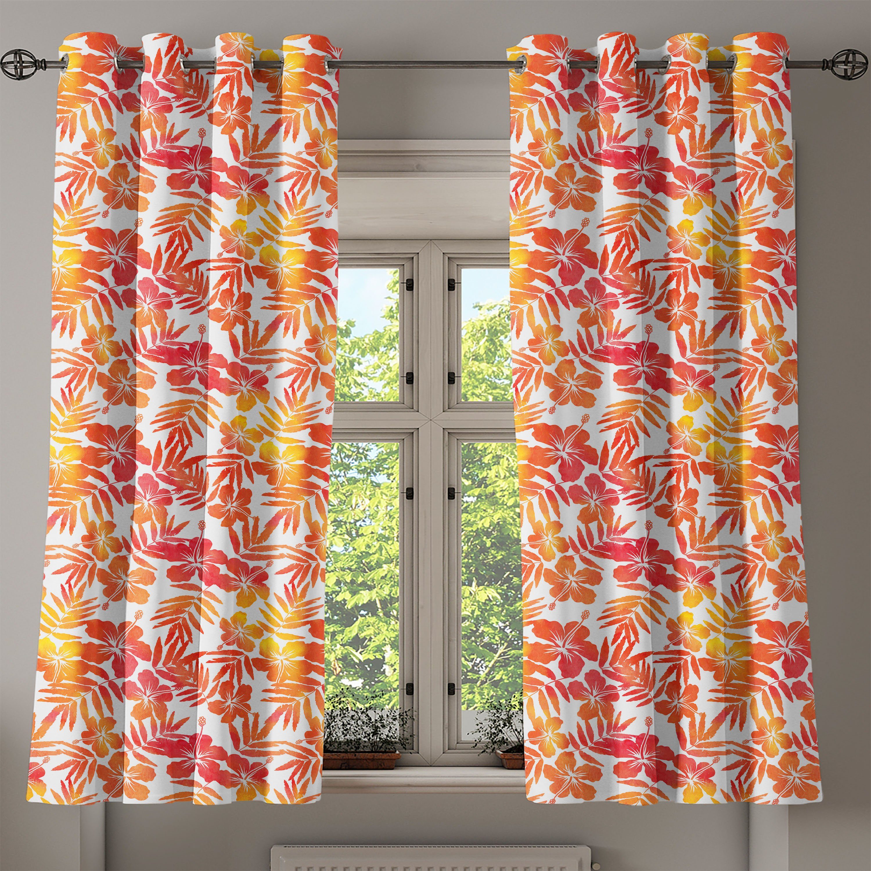 Wohnzimmer, Hibiscus-Blumen-Kunst hawaiisch Schlafzimmer Abakuhaus, 2-Panel-Fenstervorhänge Dekorative Gardine für