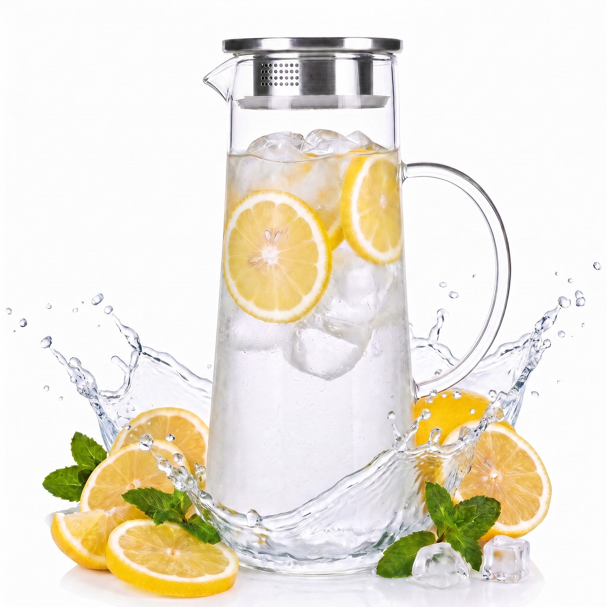 Dimono Wasserkaraffe Dimono Wasserkaraffe 1,5L – Glas Wasserkrug mit Edelstahlfilter, (1,5 Liter, Glas-Krug), Getränkekaraffe für heißes & kaltes Wasser