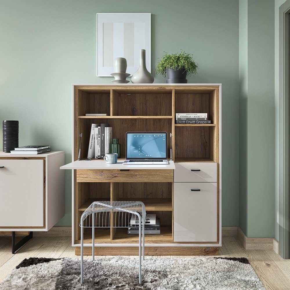 Lomadox Sekretär RAMVIK-129, Eiche Nb. und grau 124/143/40 cm