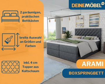 Deine Möbel 24 Boxspringbett Polsterbett ARAMI in Velour / Samt, inkl. Topper (inkl. Bonellfederkernmatratzen H3 inkl. Topper und Bettkästen), 120x200 140x200 160x200 180x200 200x200 Komplettbett Ehebett Boxbett