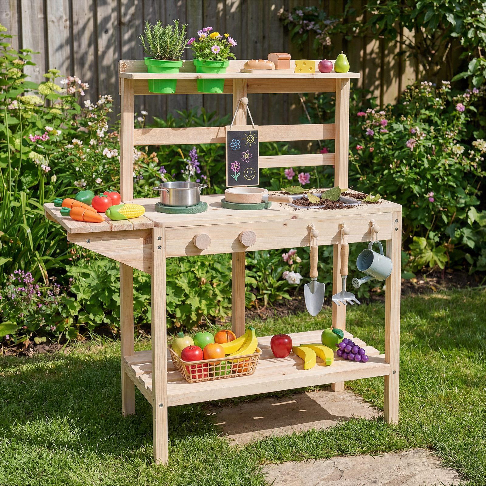 COSTWAY Outdoor-Spielküche Holz, Spielküchelset mit Herd, Spüle, Blumentöpfen & Tafel