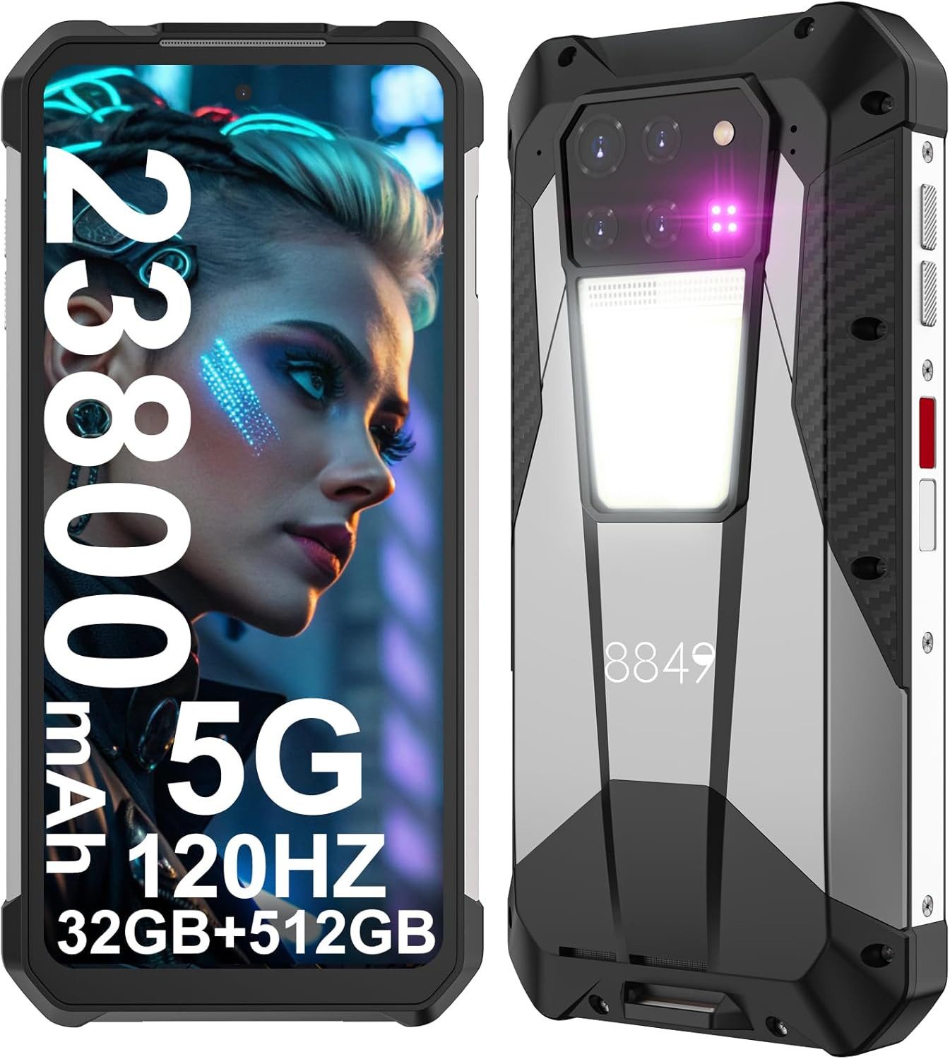 8849 5G, 23800mAh Android, RAM 16G + ROM 512G Smartphone (6.79 Zoll, mit Campinglicht, Auflösung 1080 x 2460, 6,79" Wasserdicht)