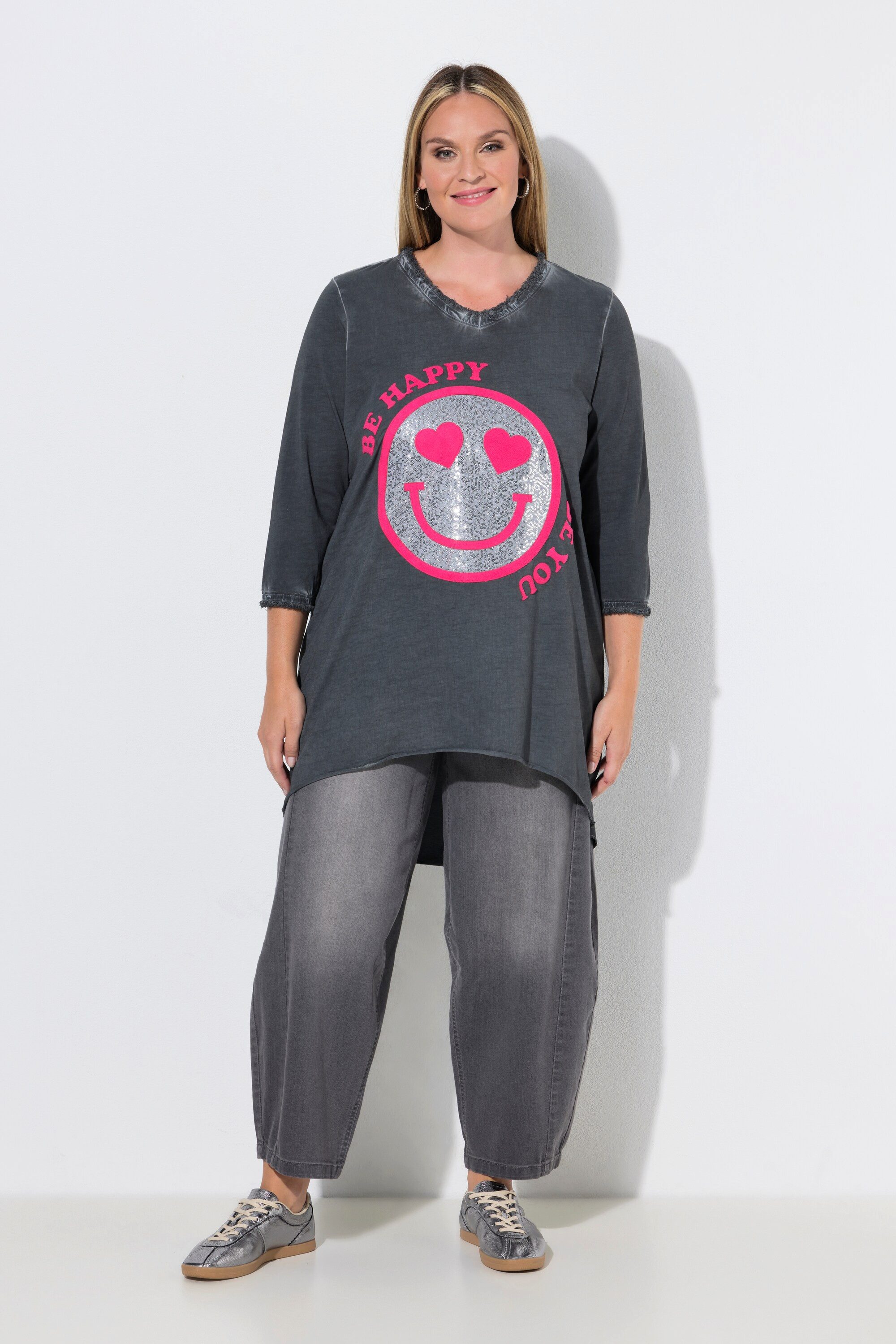 MIAMODA Longshirt Langarmshirt A-Linie Smiley mit Pailletten