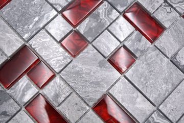 Mosani Mosaikfliesen Glasmosaik Naturstein Fliesen grau mit rot glänzend, Duschtasse Fliesenspiegel