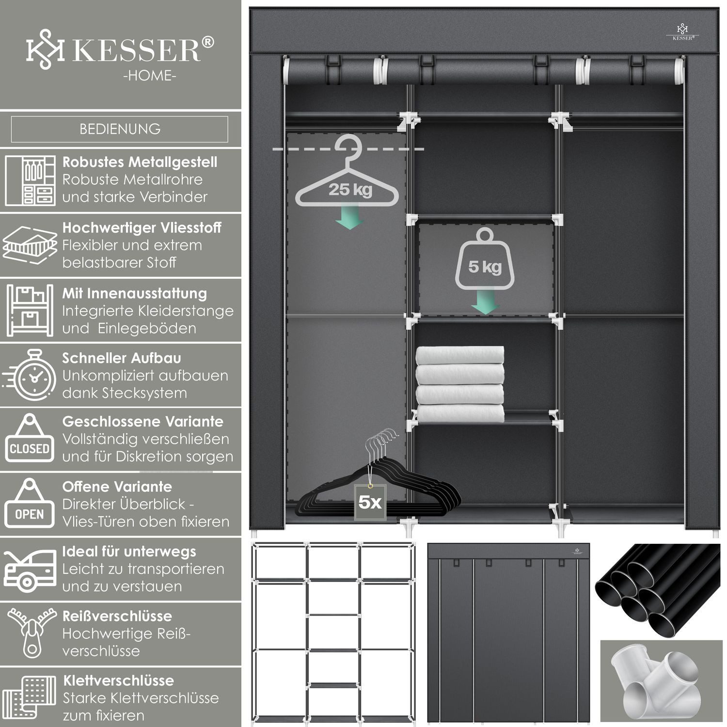 KESSER Kleiderschrank Stoffschrank Stabil mit Kleiderstange & Ablagen günstig online kaufen