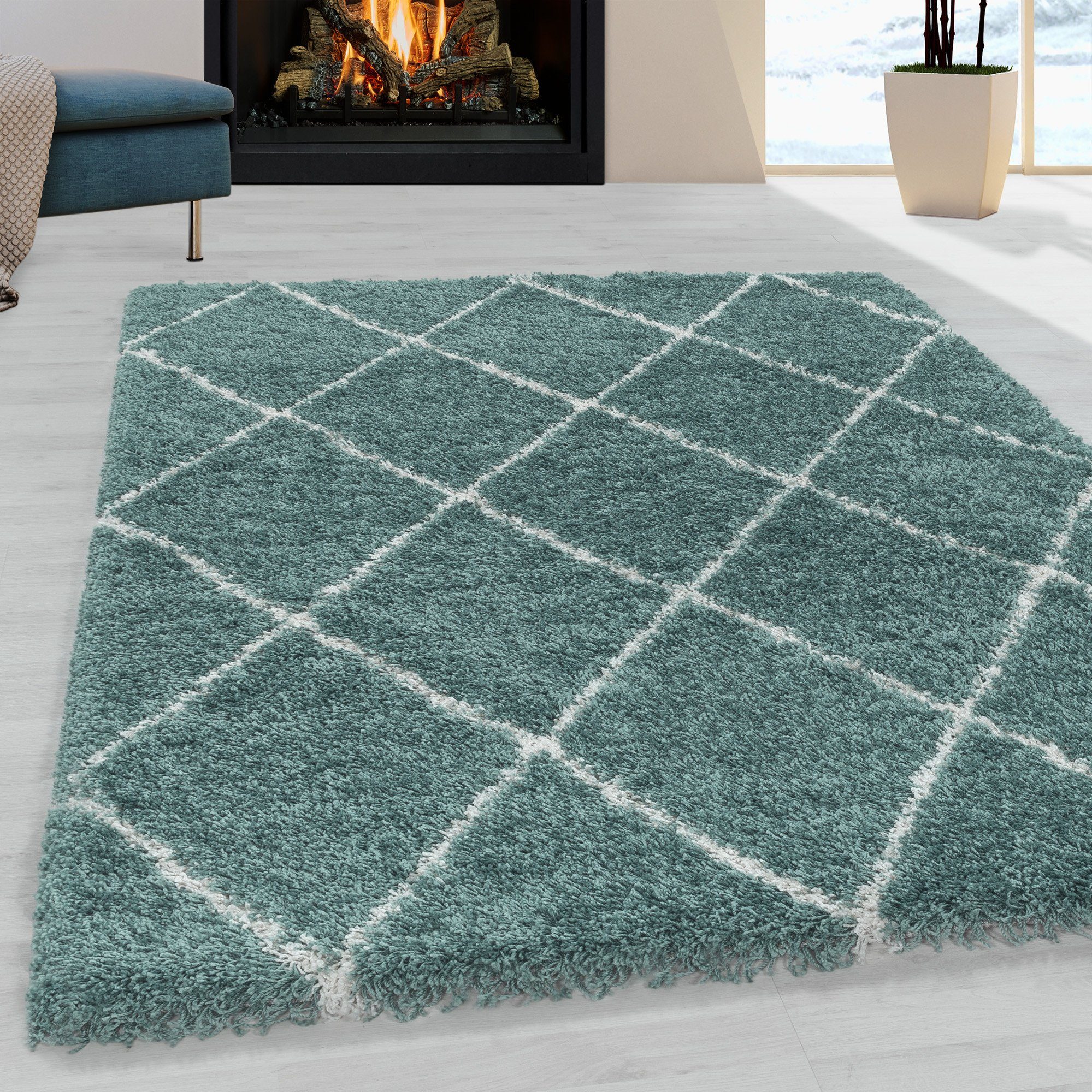 Hochflor-Teppich Langflorteppich kariert Hochflorteppich Shaggy Wohnzimmer, Giancasa Blau