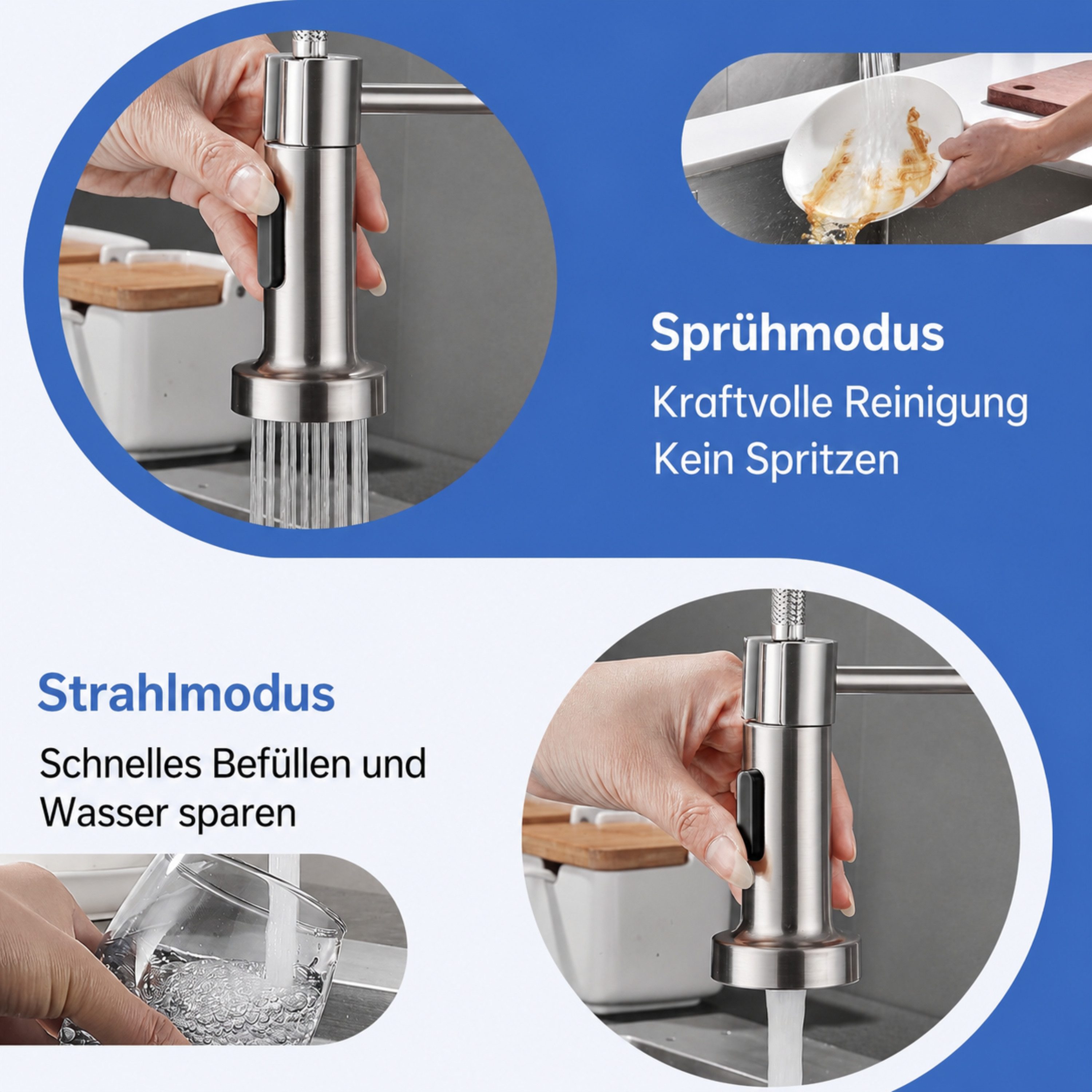 RUHE Küchenarmatur Wasserhahn Küche Hochdruck Küchenarmatur Herausziehbarer Brause 2 Modi (EINFACHE MONTAGE], 1-St., Set inklusive Armatur Anschlussschläuchen Gegengewicht) Ausziehbare Brause 360° schwenkbar G3/8 Hochdruck Edelstahl Wasserhahn