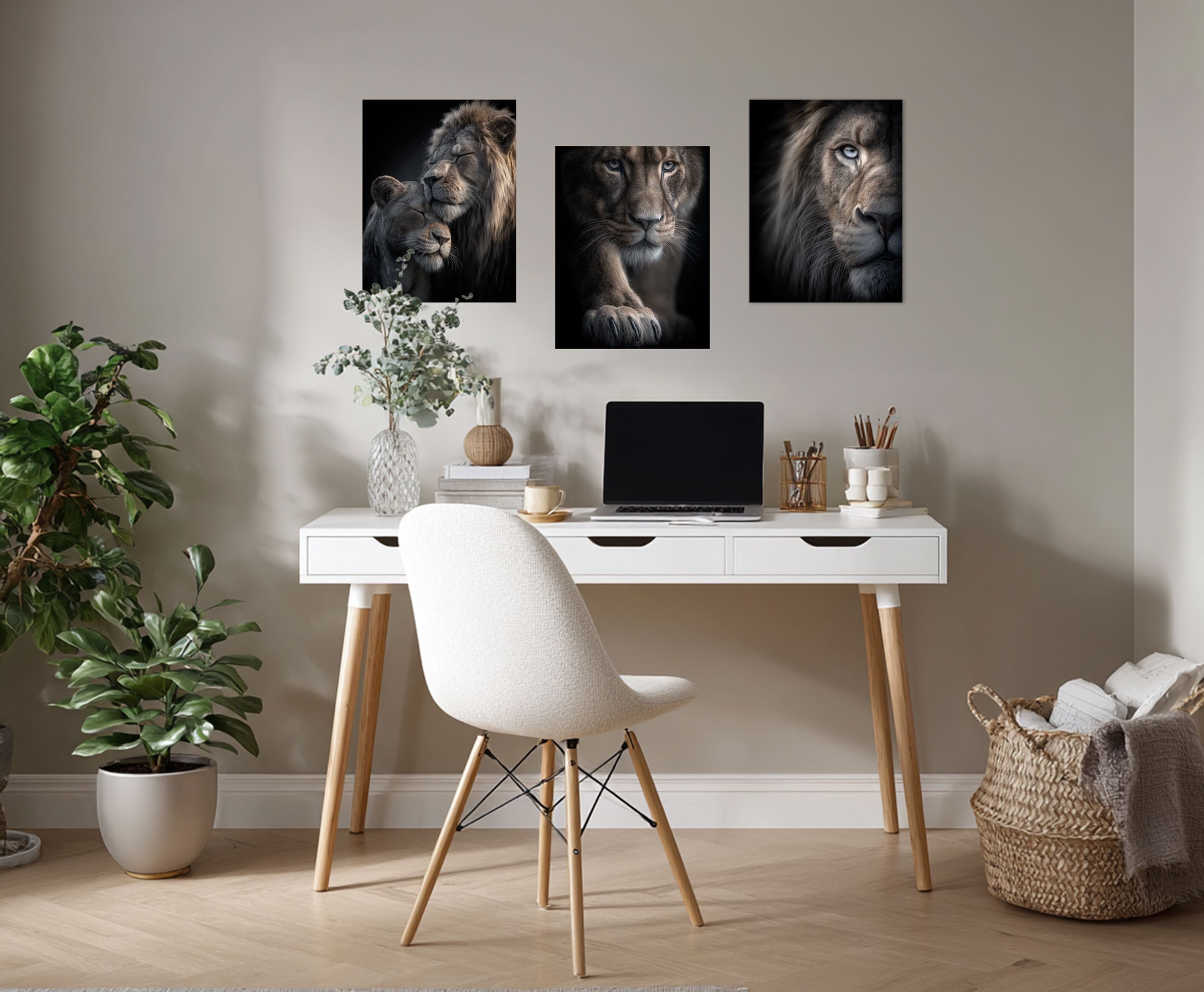 artissimo Mehrteilige Bilder Wandbilder-Set 3er-Set / moderne Wanddeko / Wohnzimmer Schlafzimmer, Tiere: Löwen-Portraits in schwarz braun – Bild 2 von 5