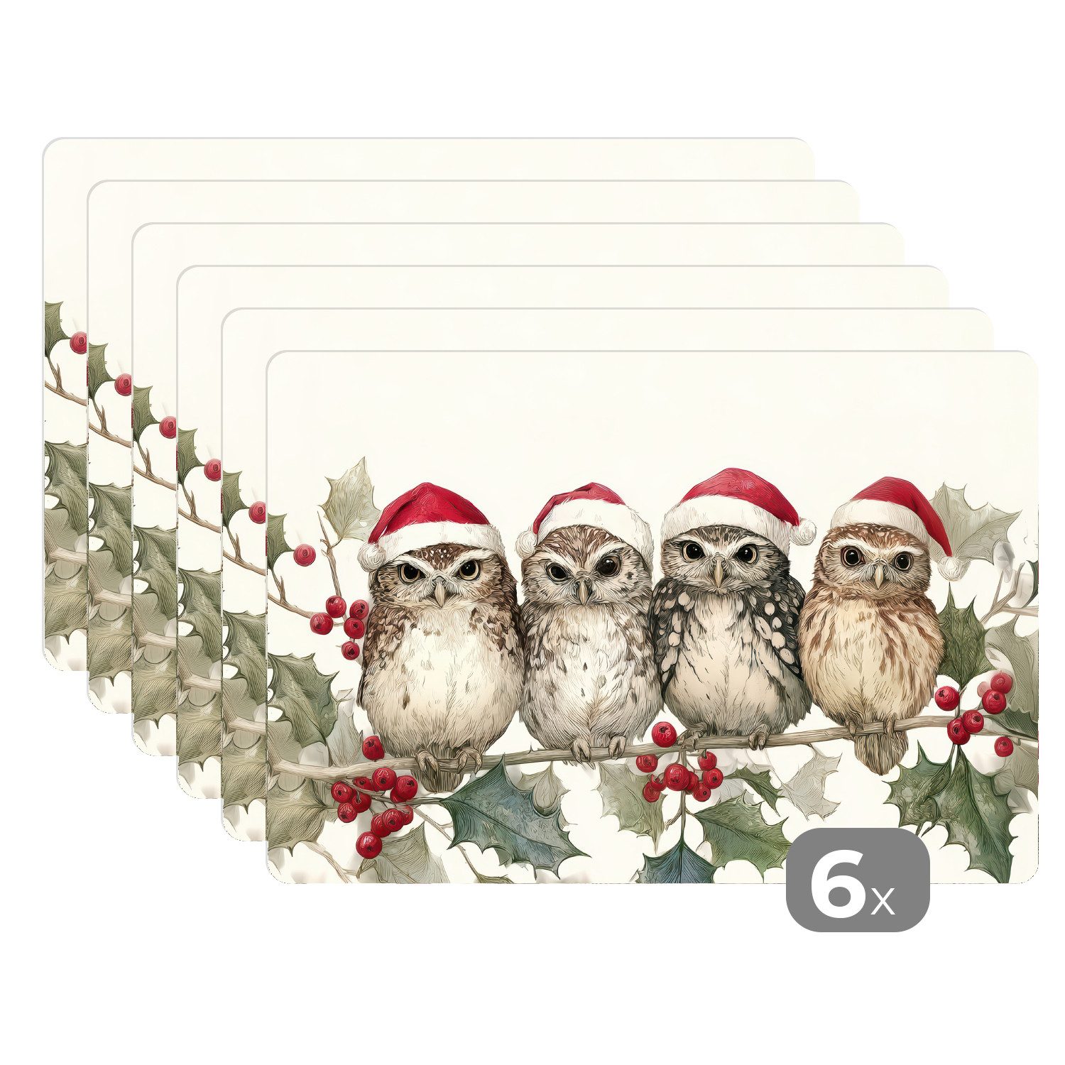 MuchoWow Platzset Eulen - Zweig - Stechpalmenblätter - Weihnachtsmannmütze, günstig online kaufen