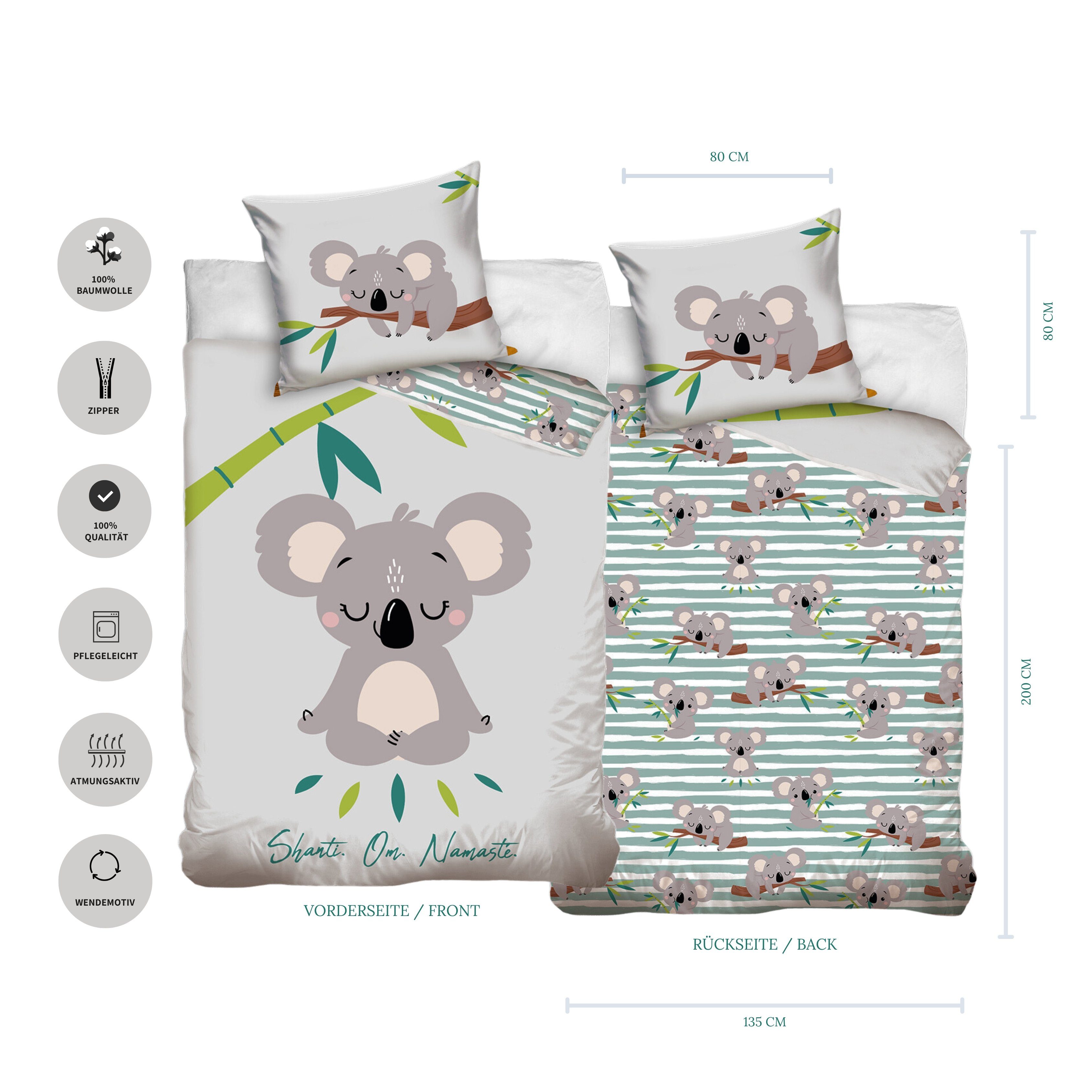 MTOnlinehandel Bettwäsche Koala 135x200 + 80x80 cm, 100 % Baumwolle, Renforcé, 2 teilig, chillige Bettwäsche für Kinder, Jugend & Erwachsene – Bild 4 von 5