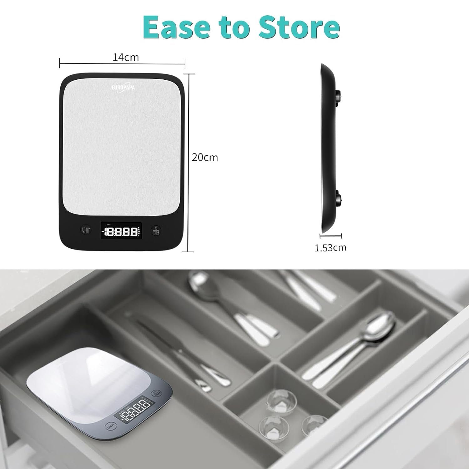 EUROPAPA Küchenwaage Küchenwaage digital mit großem LCD-Anzeige, (1G/5KG Grammwaage mit großem LCD-Anzeige, Digitalwaage Briefwaage mit Großer Edelstahl Wiegefläche), 5 Maßeinheiten, Tara-Funktion