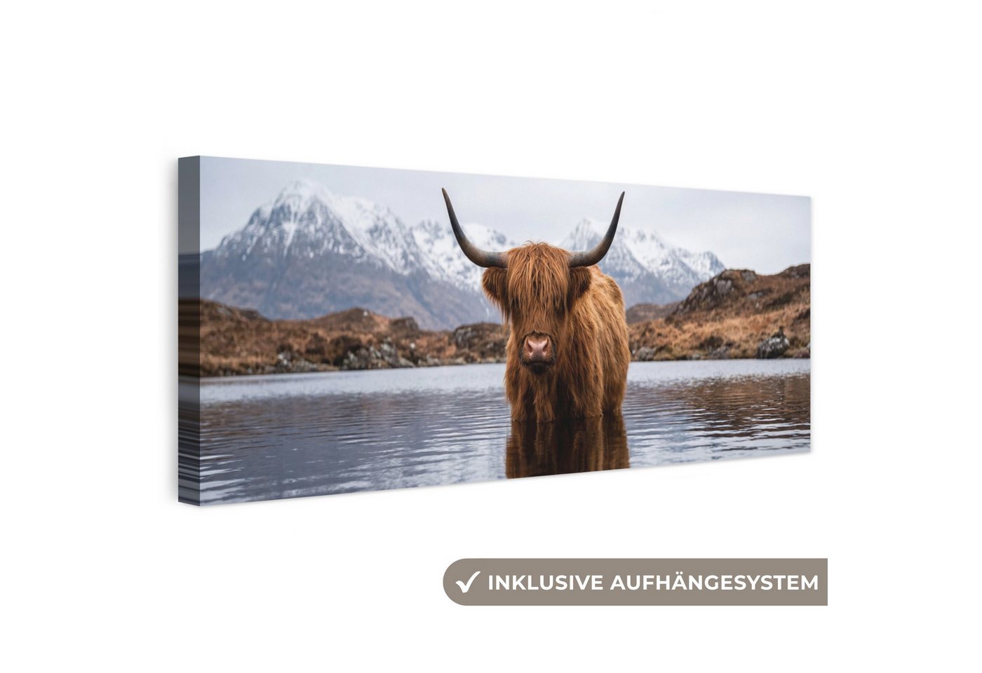 OneMillionCanvasses® Leinwandbild Panorama Schottischer Hochländer - Braun - Wasser, Fotodruck (1 St), Wandbild, Deko Schlafzimmer Wohnzimmer Flur 60x20 cm