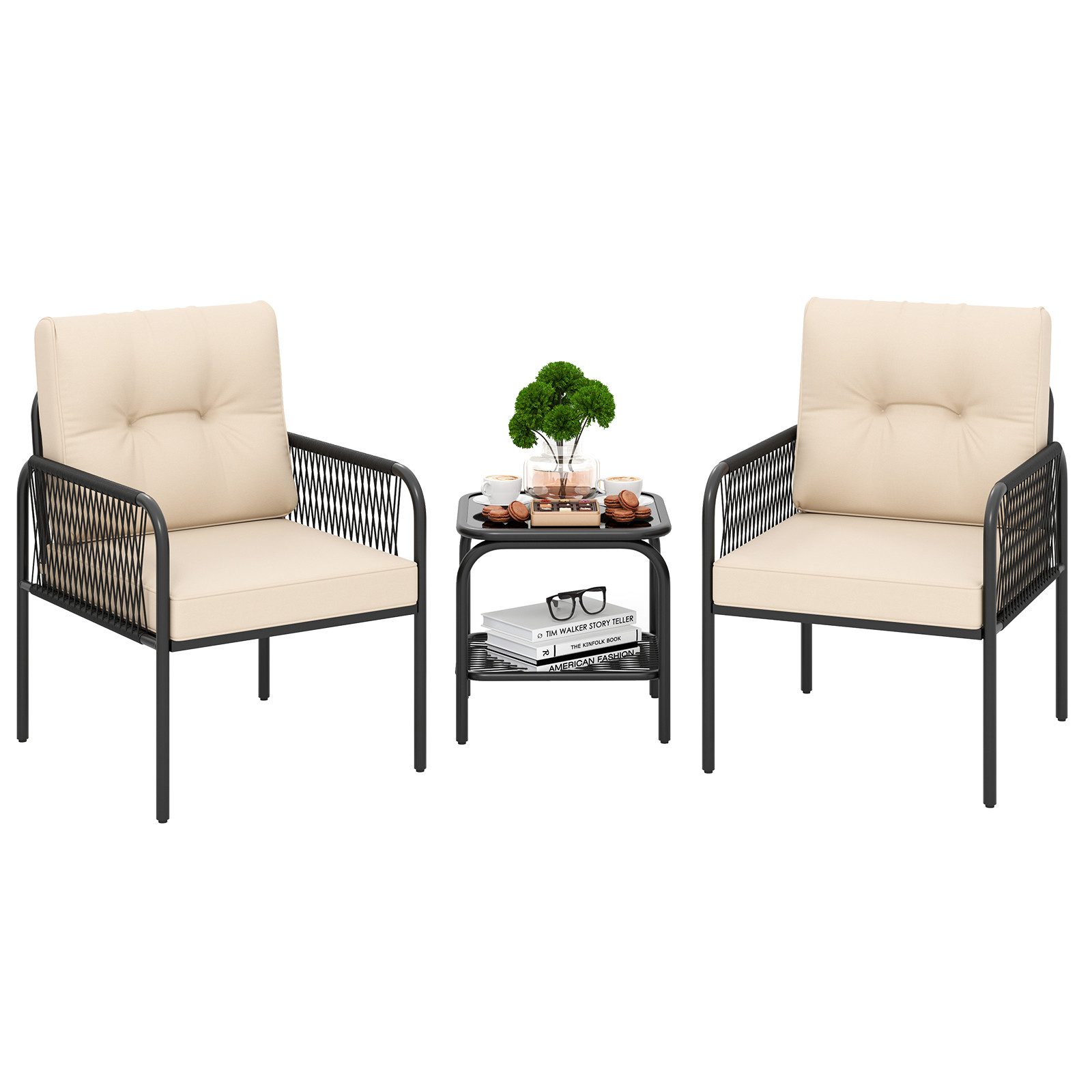 COSTWAY Balkonset, (3-tlg), 1 Tisch, 2 Stühle Gartenmöbel mit Kissen, Ratta günstig online kaufen