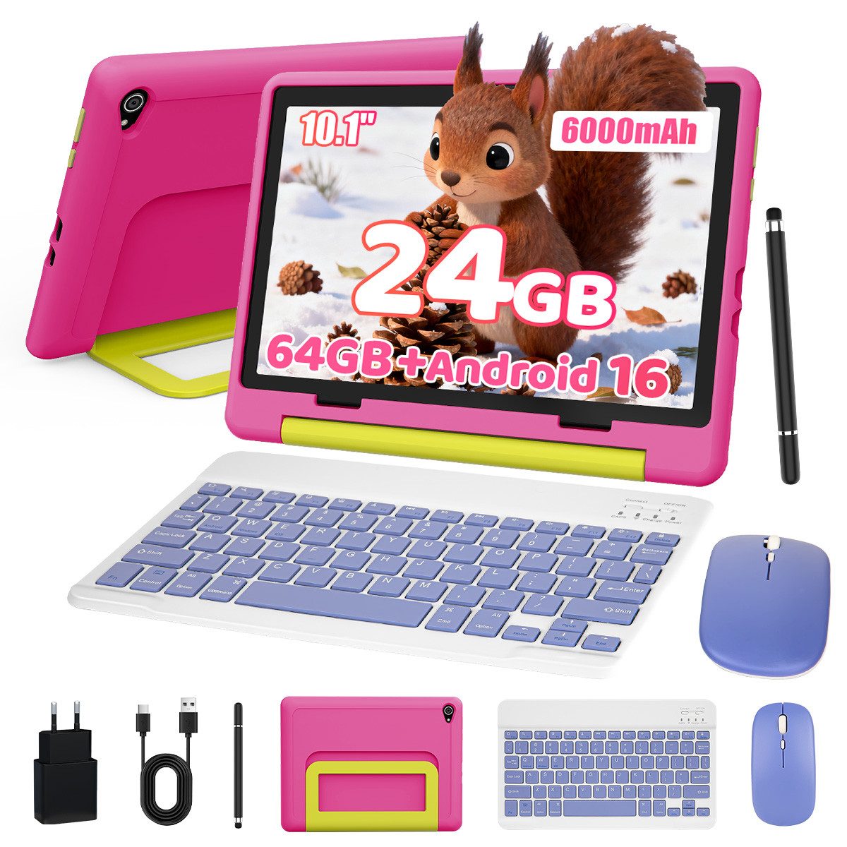 BUFO Android 16 10-Zoll, 24(3+21) GB RAM + 64 GB ROM (TF Expand 1TB) Kinder Tablet (10", 64 GB, Android 16, WiFi 6, mit Tastatur/Maus/Stift, Augenschutz-Tablet mit Eltern-Kontrolle)