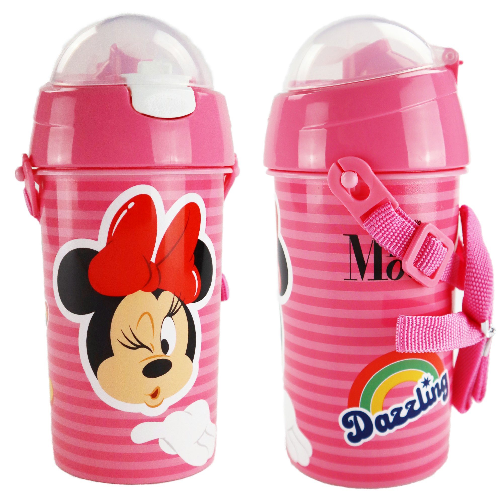 Disney Trinkflasche Disney Minnie Maus Kinder Wasserflasche, Flasche mit integriertem Trinkhalm Tragegurt 500 ml
