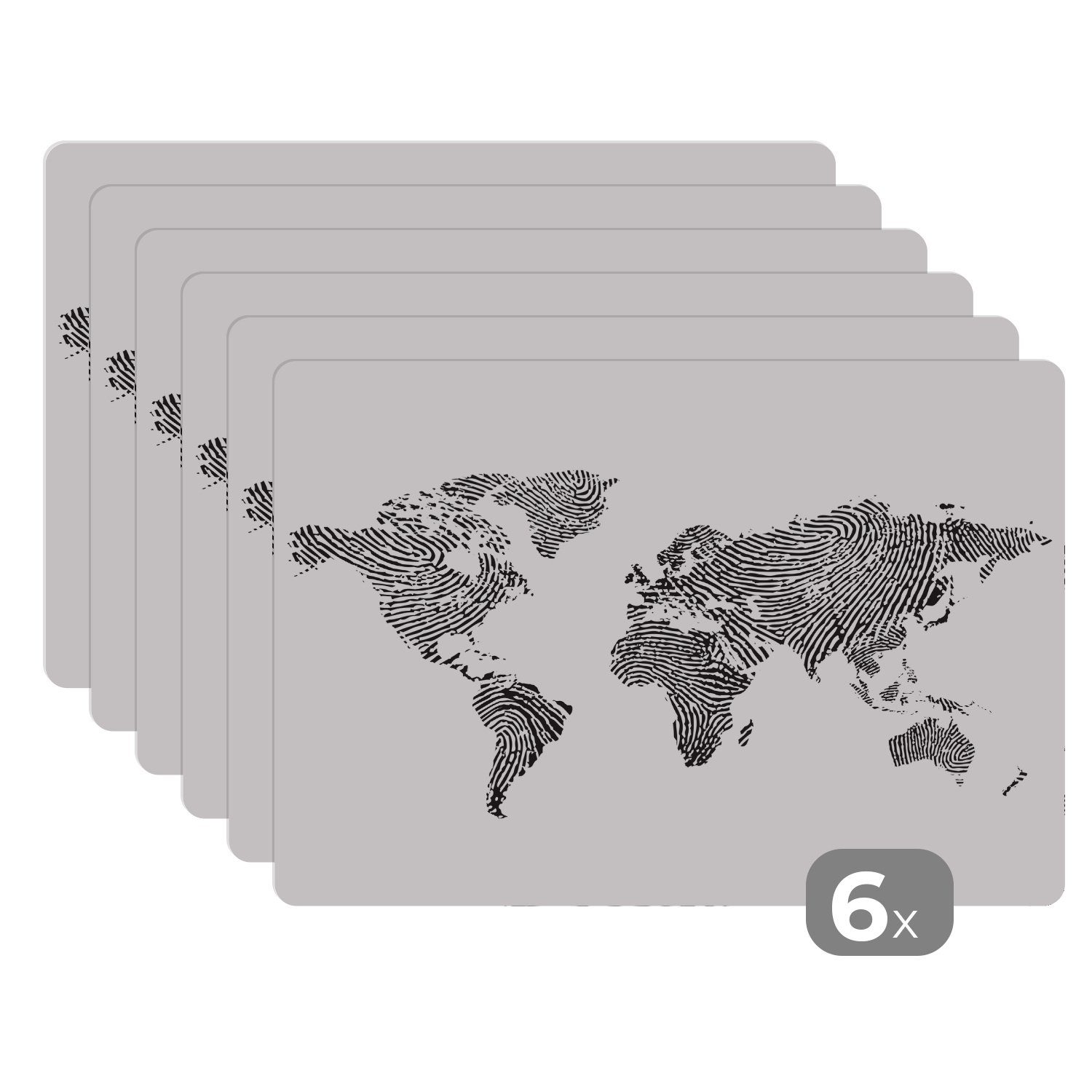 Platzset, Weltkarte - Fingerabdruck - Schwarz - Weiß, MuchoWow, (6-St), Platzset, Platzdecken, Platzmatte, Tischmatten, Schmutzabweisend